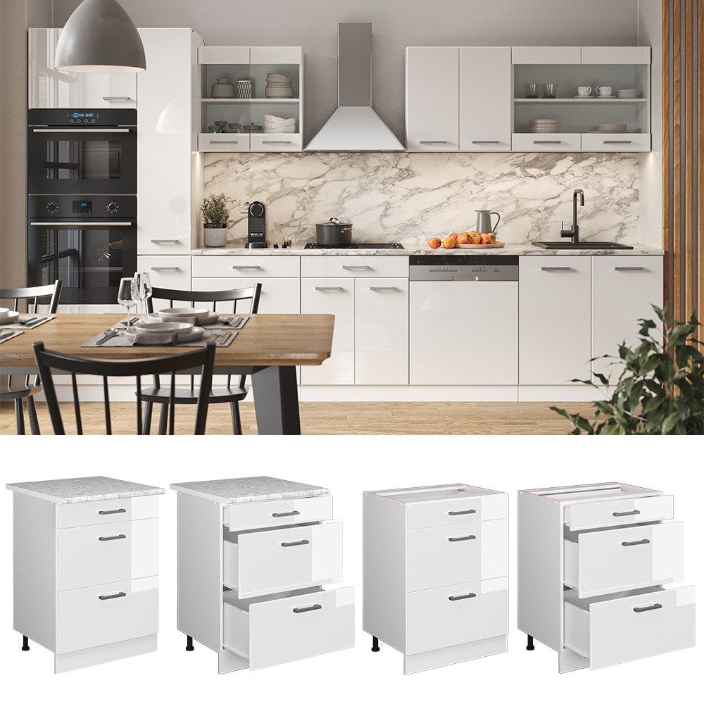 Vicco Unterschrank R-Line, Weiß Hochglanz/Weiß, 60 mit Schubladen, ohne Arbeitsplatte (1-St)
