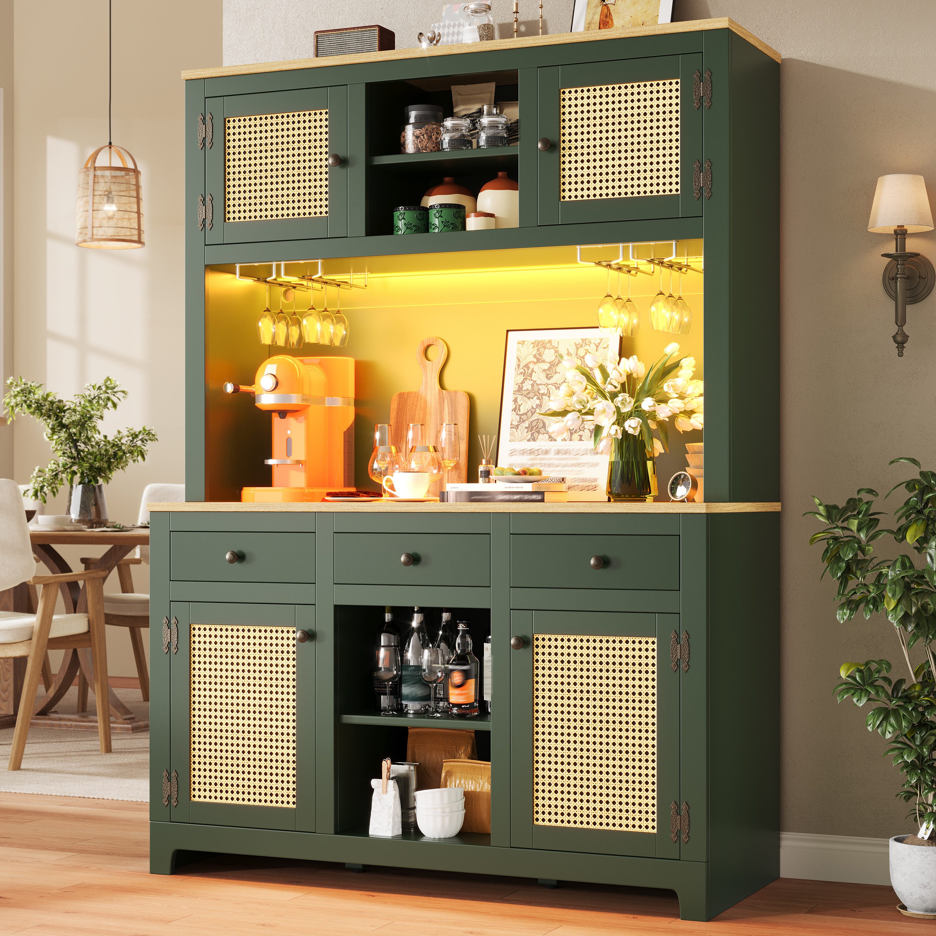 Flieks Küchenbuffet mit Arbeitsplatte in Holzoptik, Rattantüren und Gläserhalter (1-St., B120/T40/H180 cm) Hochschrank Küchenschrank Geschirrschrank mit verstellbare Ablagen