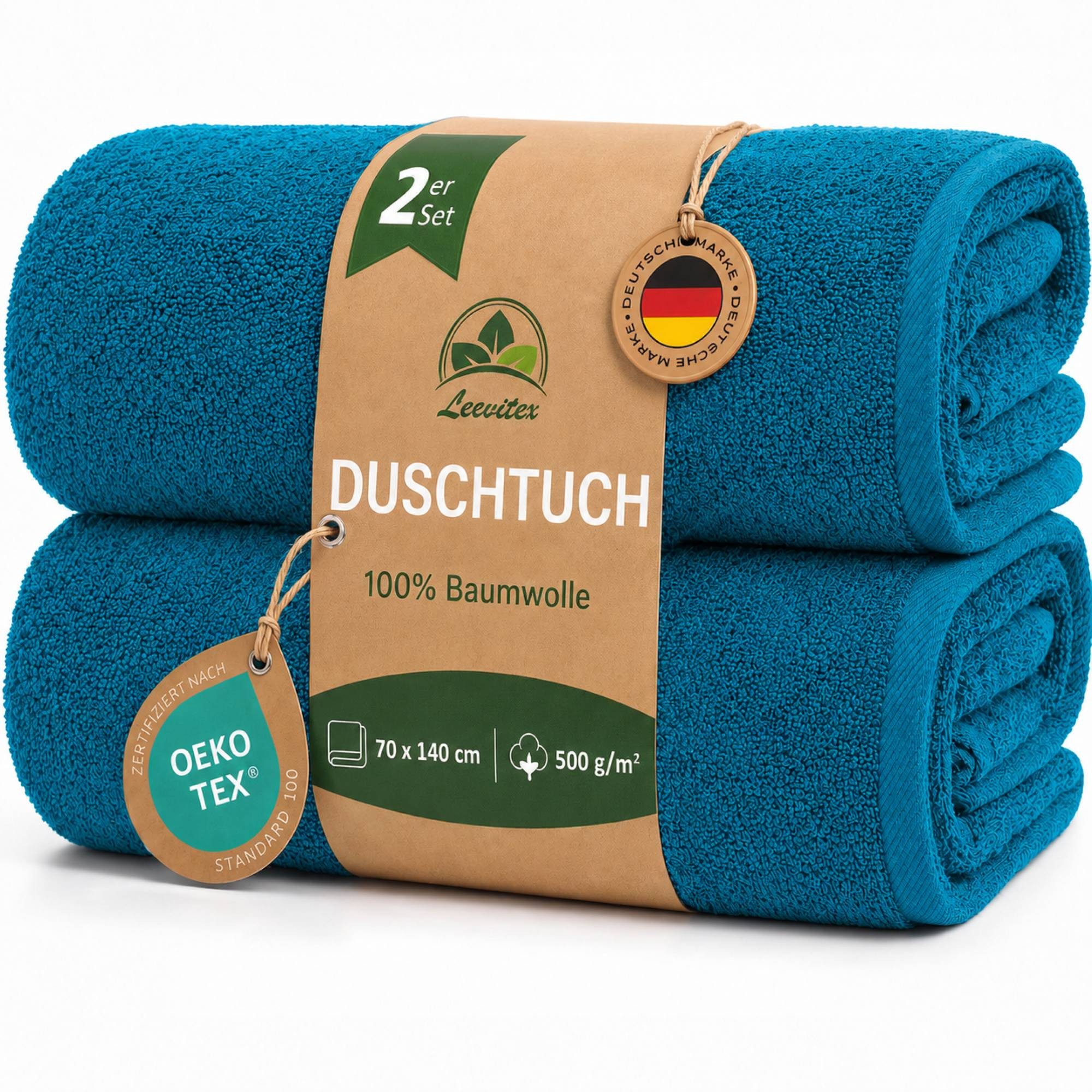 leevitex® Duschtücher 2er-Set, 70x140 cm, 100% Baumwolle, saugstark und fusselfrei, Frottee (Set, 2-St), OEKO-TEX® STANDARD 100 zertifiziert, gestreifte Bordüre