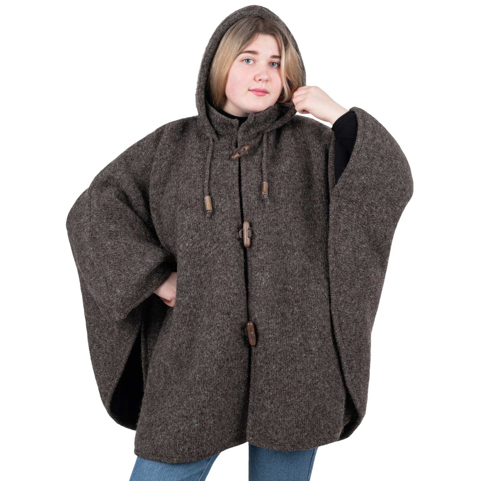 KUNST UND MAGIE Strickcape Strick Poncho+Kapuze Umhang Cape Strickjacke Wolle Jacke Winter Mantel
