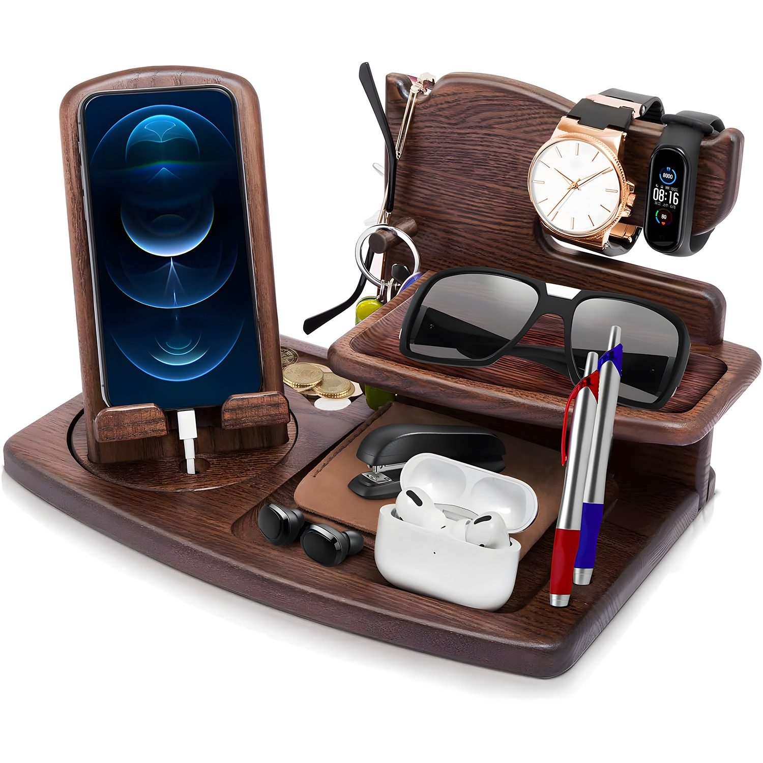 AIMAX Organizer Drehung Handy-Halterung, Holz Telefon Dockingstation, Büro organizer (Ladestation Schreibtischaufsatz, Bürobedarf, Büro Gadgets Tischaufsatz, 1 St., Uhren Geldbörsen Nachttisch/Schreibtisch Organizer Holz, Stiftehalter), Geschenke für Männer & Frauen Geburtstag Geschenk Büro Aufbewahrung
