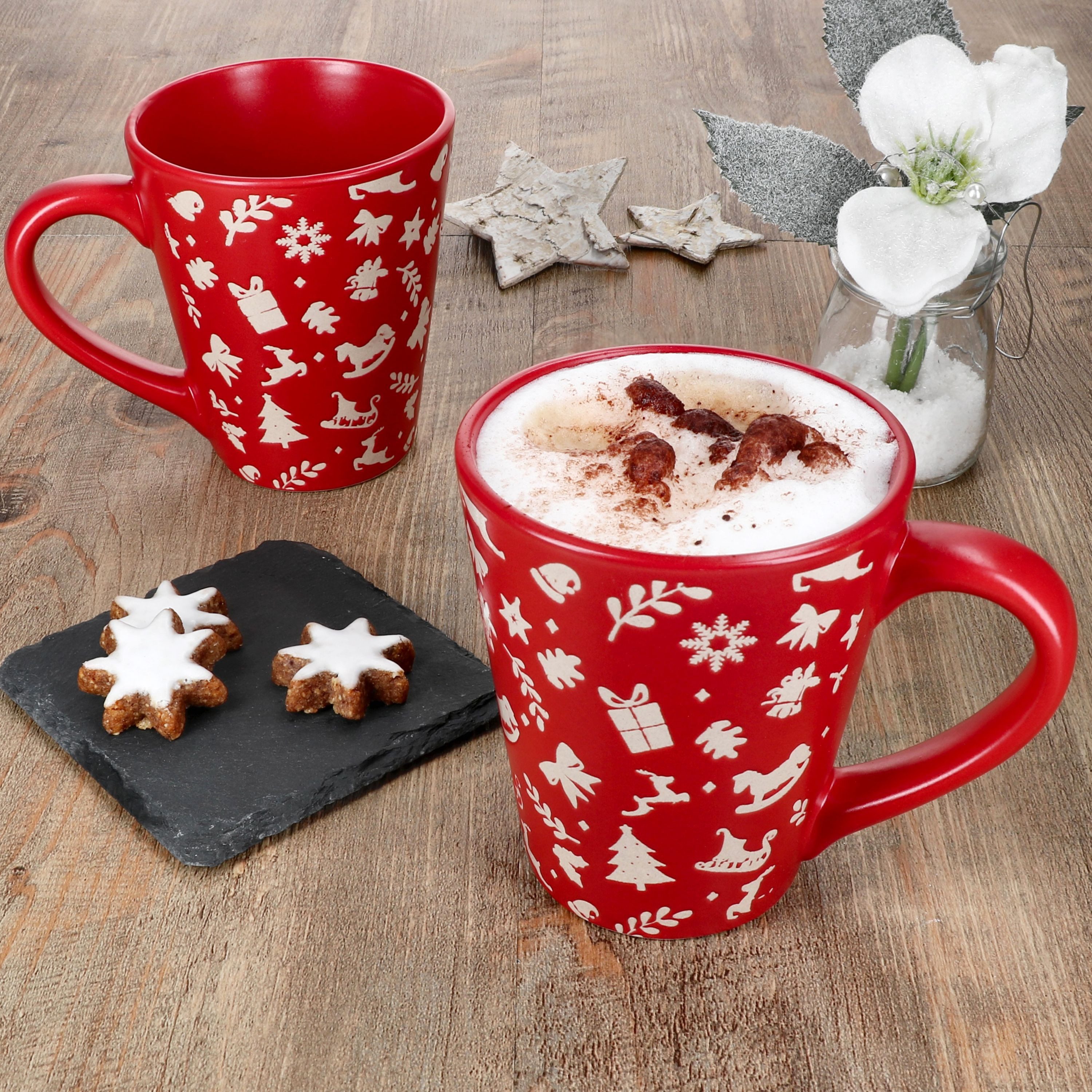 MamboCat Becher 6er Set Advent Kaffeebecher 250ml Steingut Rot Creme Weihnachten Tee, Steingut