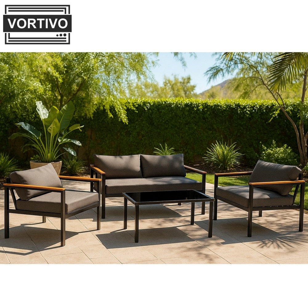 VORTIVO Gartenlounge-Set klein für 4 Personen, wetterfest, (Balkonmöbel Set outdoor, 4-tlg., Mit Glastisch, 2 Sesseln & Sofa – inkl. Kissen & UV-beständig), Gartenmöbel für Terrasse, Balkon, Garten