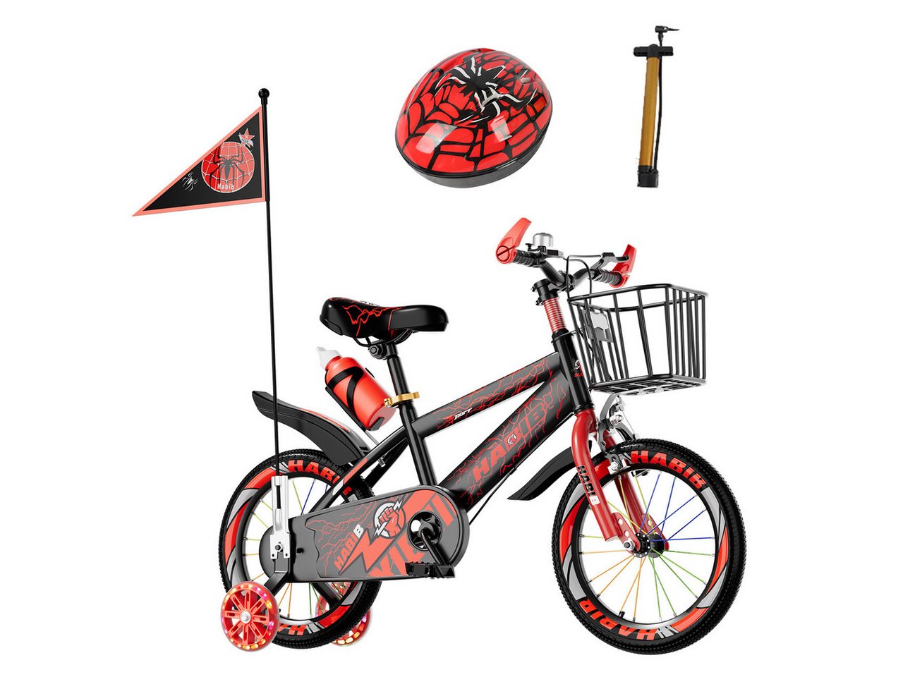 Habib Gruppe Kinderfahrrad Jungen 12 14 16 Zoll ab 3 Jahre, Kinderfahrrad Jungen ab 3 Jahre mit LED-Stützrädern