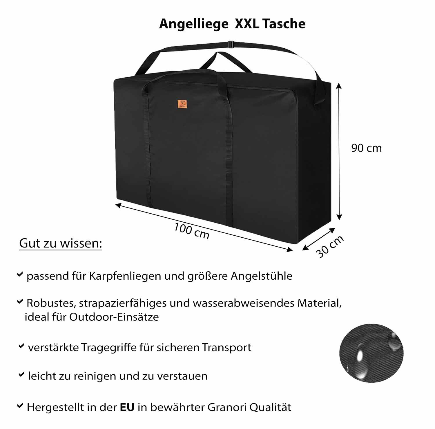 Granori Angelliegen-Schutzhülle XXL Liegentasche, Angelliege / Karpfenliege Tasche 100x90 cm, extra viel Platz, mit Schultergurt & großer umlaufender Kofferöffnung