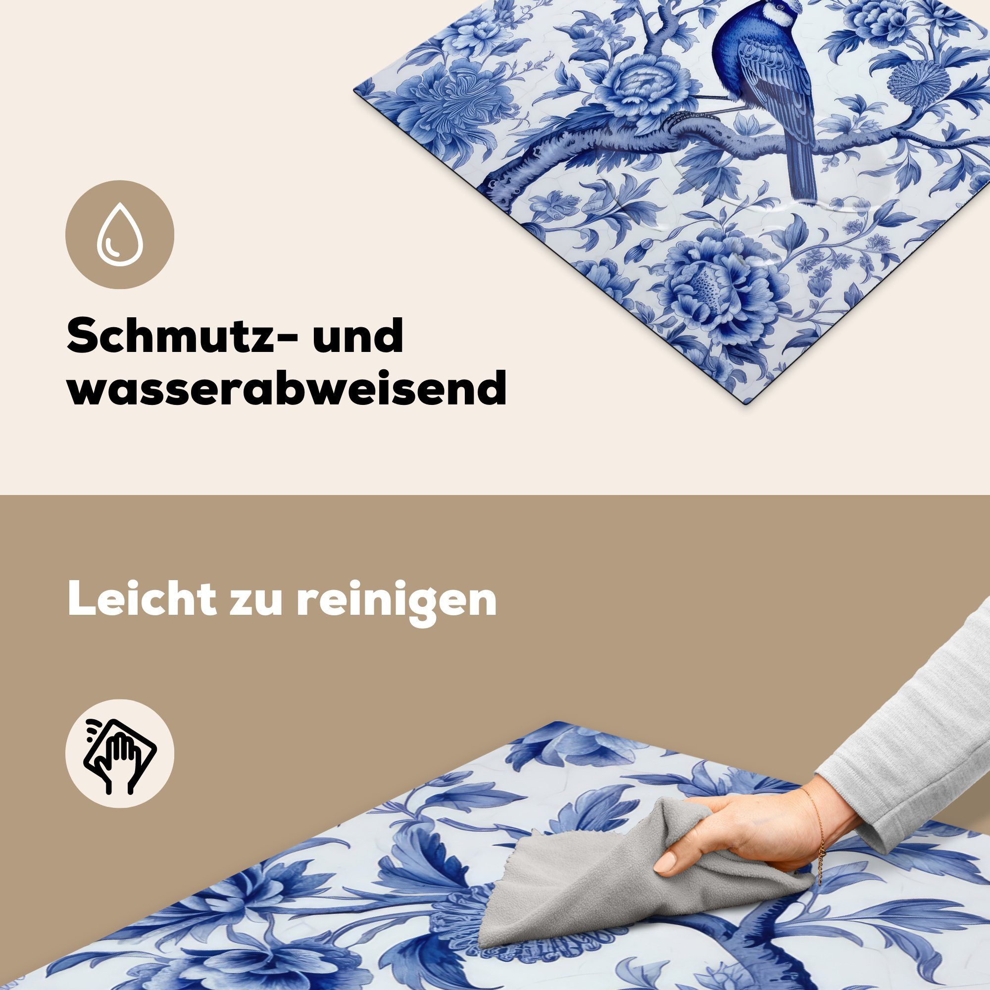 MuchoWow Herdblende-/Abdeckplatte Vogel nutzbar, cm, Arbeitsfläche - tlg), Vinyl, - Mobile Blau 60x52 - Blumen Ceranfeldabdeckung Kunst (1 Delfter - Niederländisch