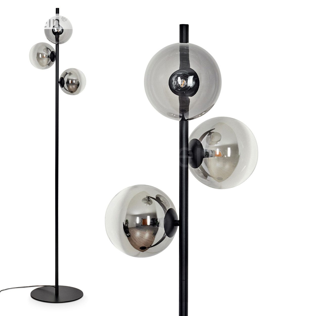 Stehlampe moderne Stehlampe aus Metall/Glas in Schwarz/Rauchglas/Klar