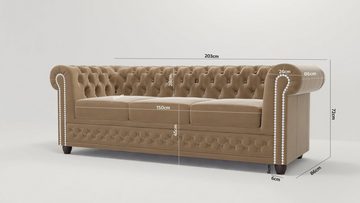 S-Style Möbel Polstergarnitur Chesterfield Lena mit Schlaffunktion 3+2+1 Samt Bezug, (3-Sitzer-Sofa, 2-Sitzer-Sofa mit Schlaffunktion, Sessel), mit Wellenfederung