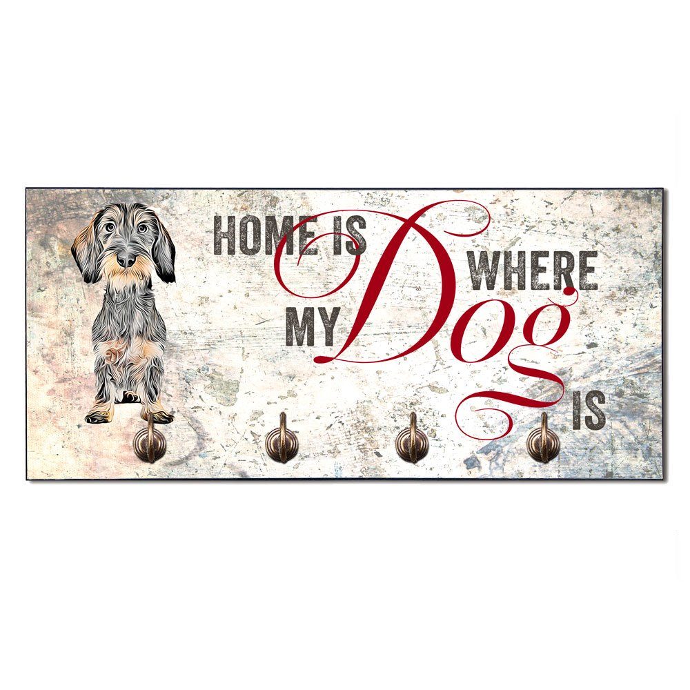 Cadouri Wandgarderobe RAUHAARDACKEL Hundegarderobe - Wandboard für Hundezubehör (Garderobe mit 4 Haken), MDF, mit abgeschrägten Ecken, handgefertigt, für Hundebesitzer