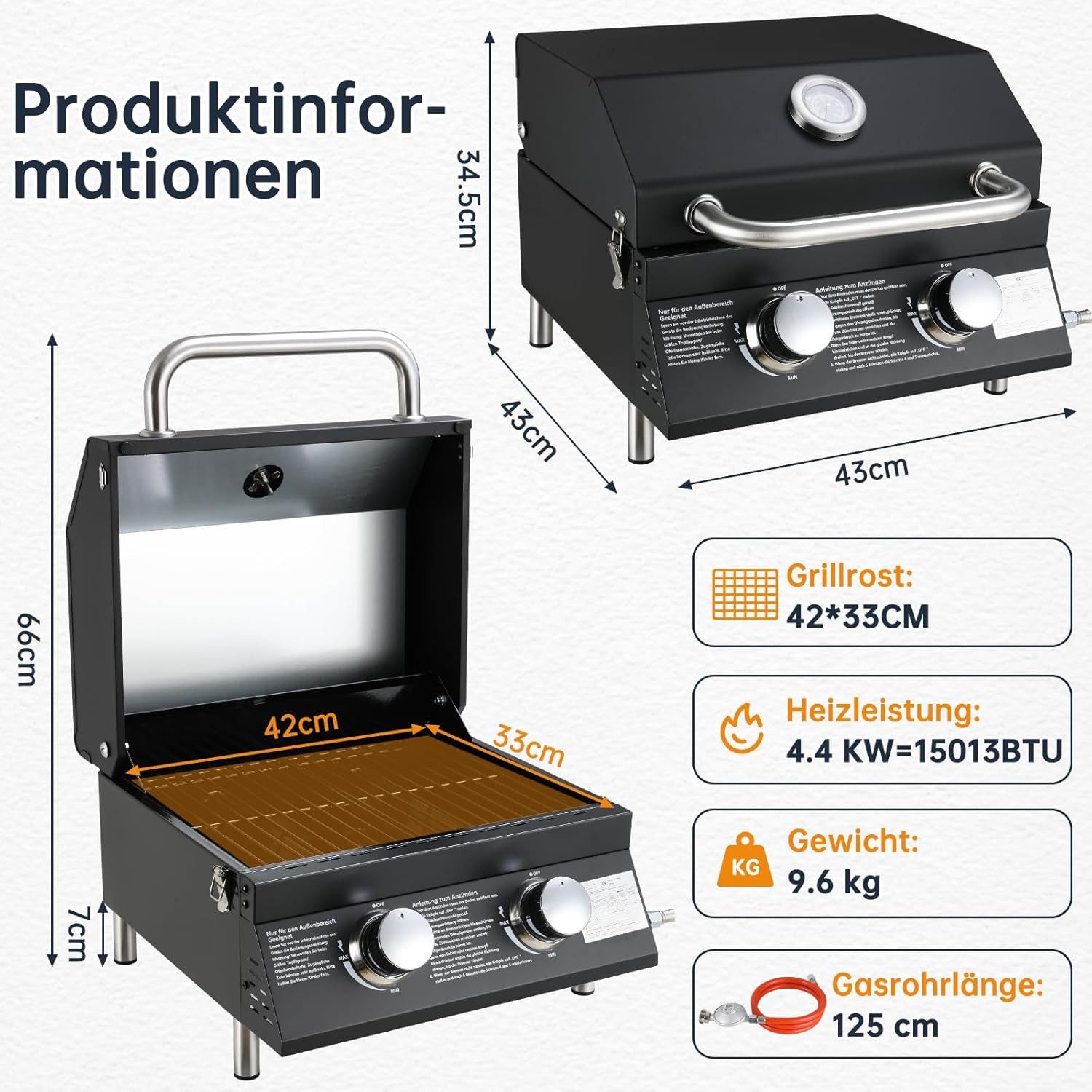TLGREEN Camping-Gasgrill 2 Brenner Gasgrill Tragbar, Kompakter Tischgasgrill mit Emailliertem Grillrost & Thermometer, 4.4kW Camping Gasgrill für BBQ/Balkon/Garten, 42x33cm Grillfläche, Schwarz/Edelstahl, 9,6kg Leichtgewicht