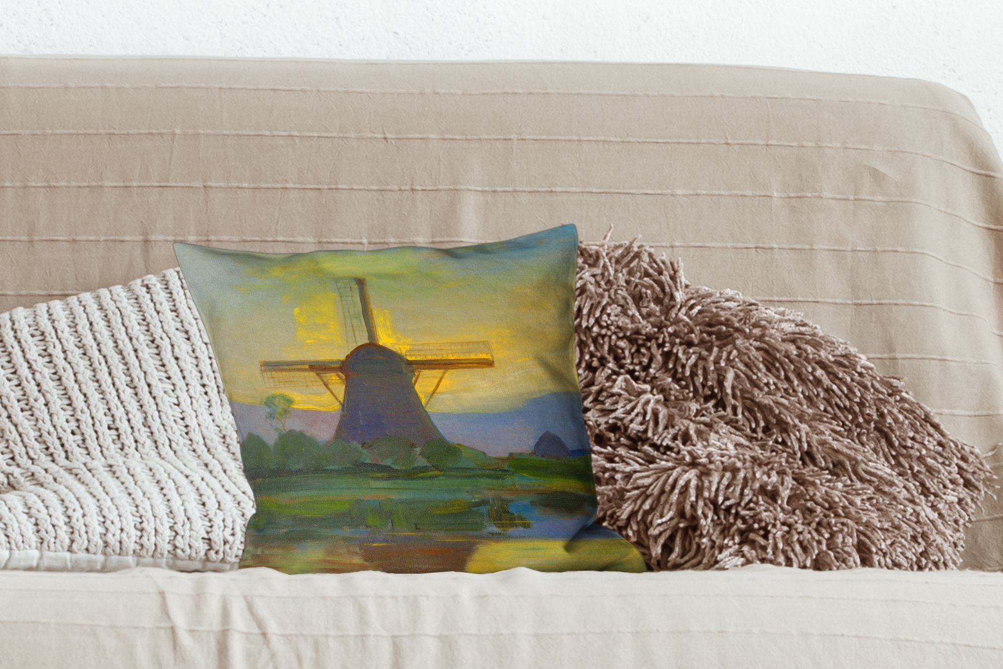 Füllung Mondrian, mit Deko, Schlafzimmer, MuchoWow Wohzimmer, Dekokissen Sofakissen - für Piet Zierkissen Östliche Windmühle