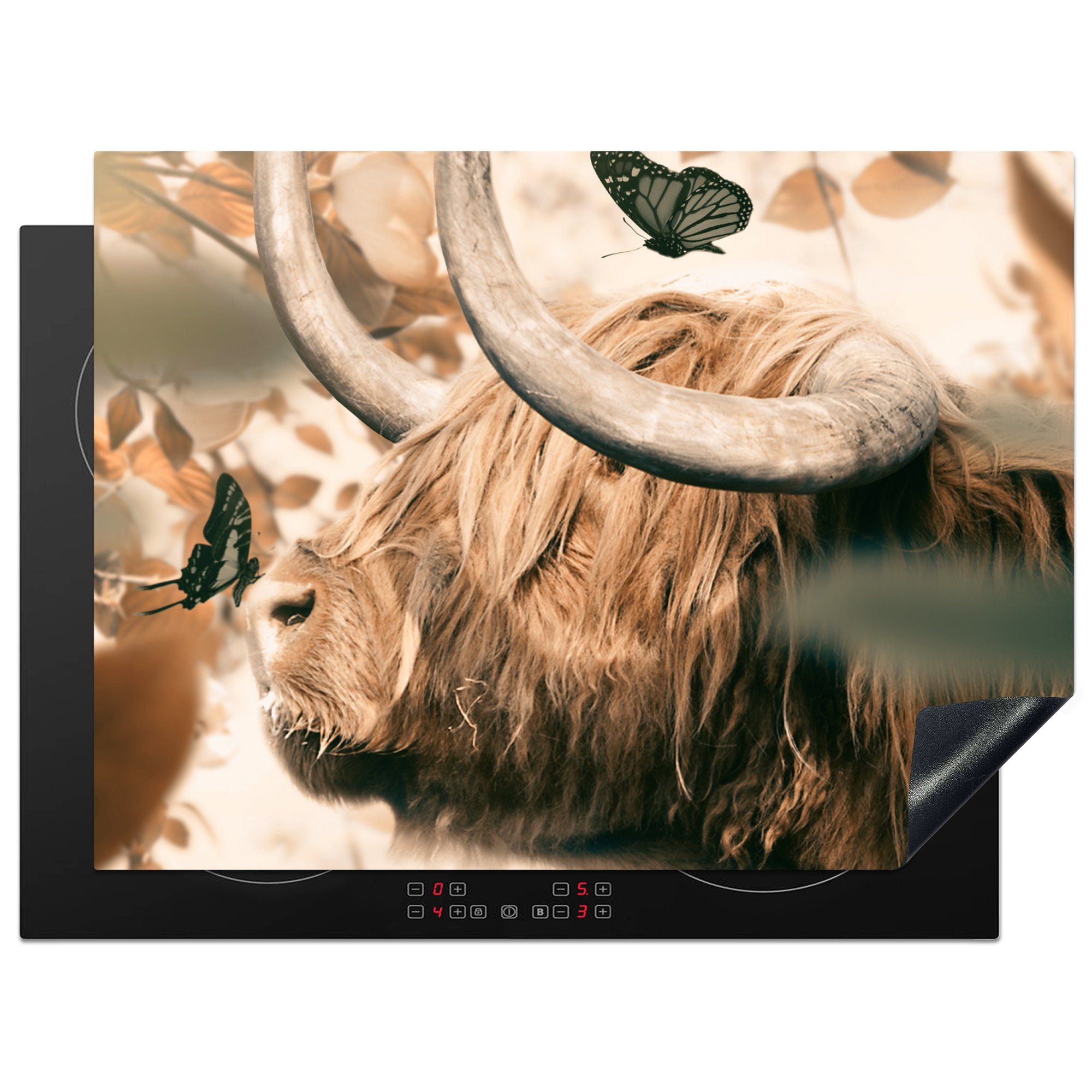 MuchoWow Herdblende-/Abdeckplatte Schottischer Highlander - Schmetterlinge - Tiere, Vinyl, (1 tlg), 71x52 cm, Induktionskochfeld Schutz für die küche, Ceranfeldabdeckung