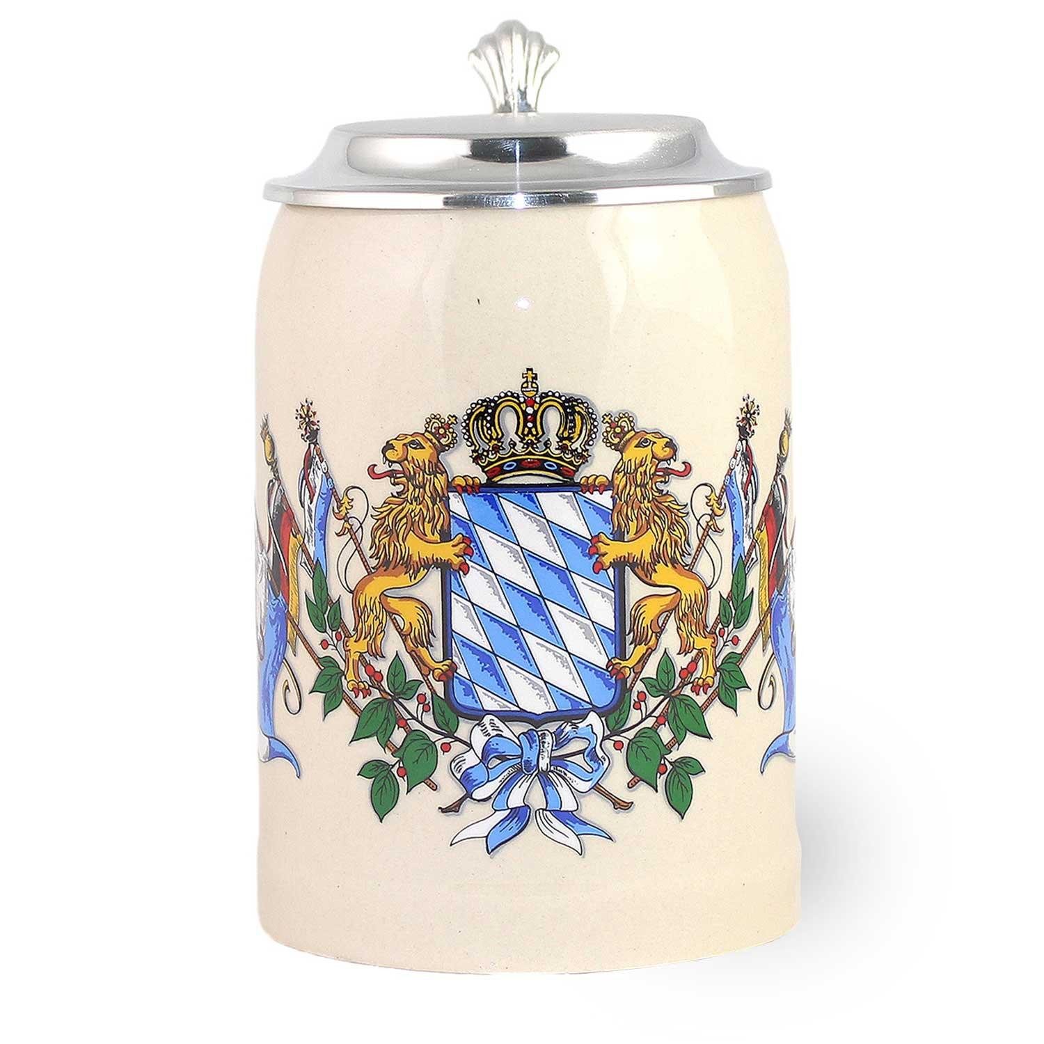 Bavariashop Bierkrug Steinkrug Bayern mit Deckel • Bierkrug mit Wappen • 0,5 Liter, Steinzeug