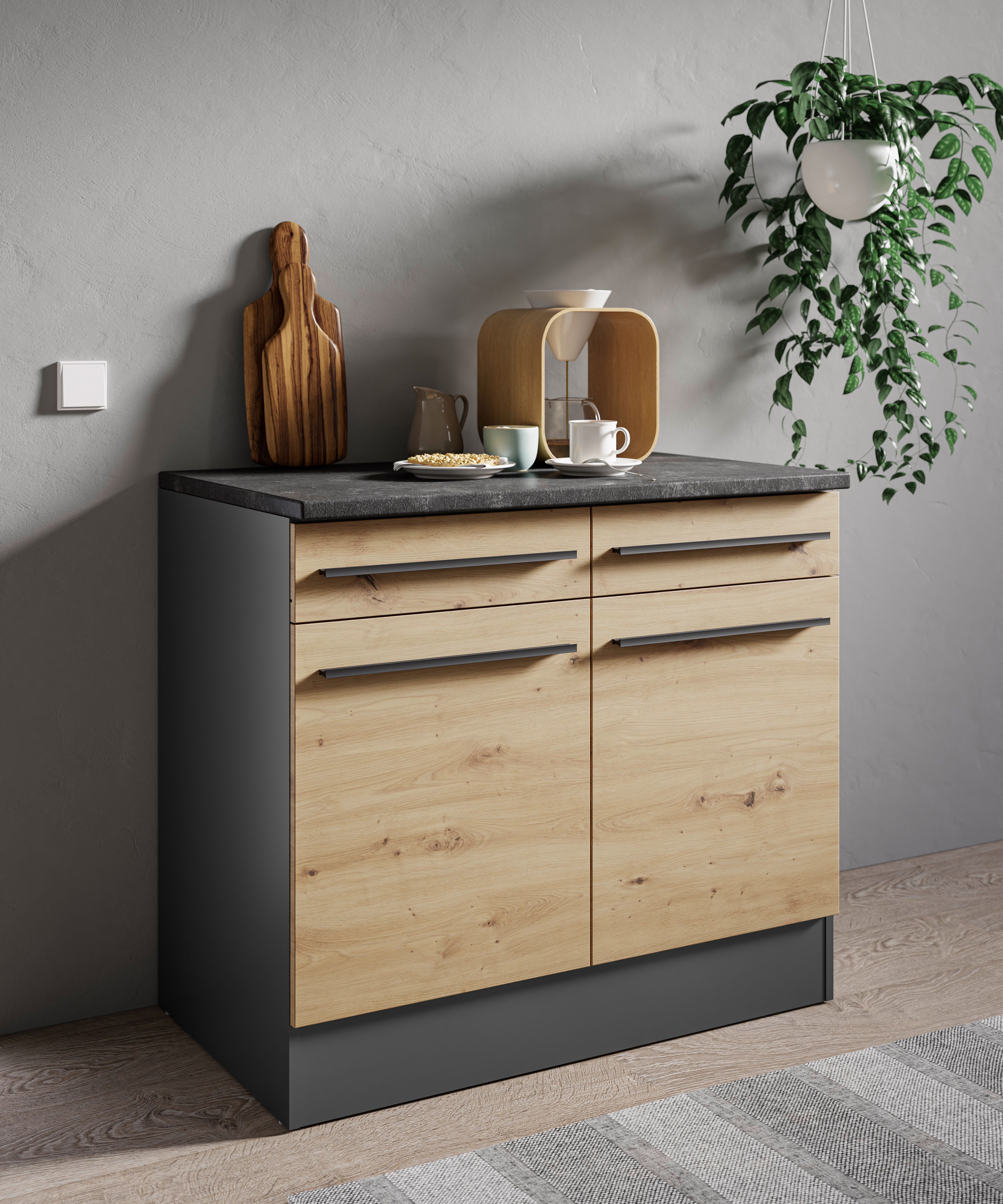 BASIC by Balculina Unterschrank Jazz 100er Unterschrank, Küschenschrank BxHxT 100x90x60 cm (1-St) Unterschrank mit 2 Türen, 2 Schubkästen und 2 Einlegeböden