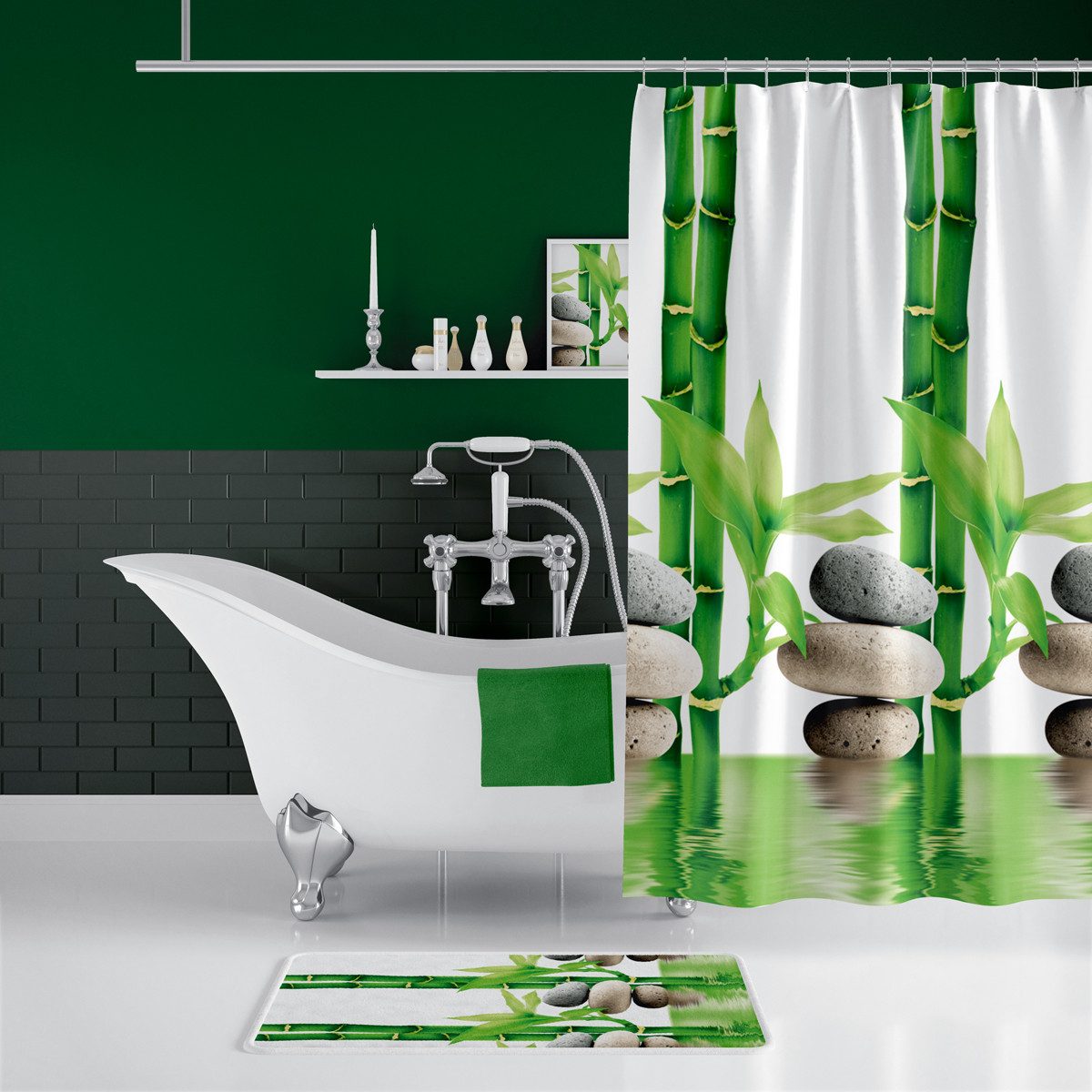 Ekershop Duschvorhang Textil "Bambus mit Stein" Grün Weiß für Duschstange Breite 120 cm, Höhe 200 cm, wasserabweisend, inkl. Ringe, waschbar, bügelbar