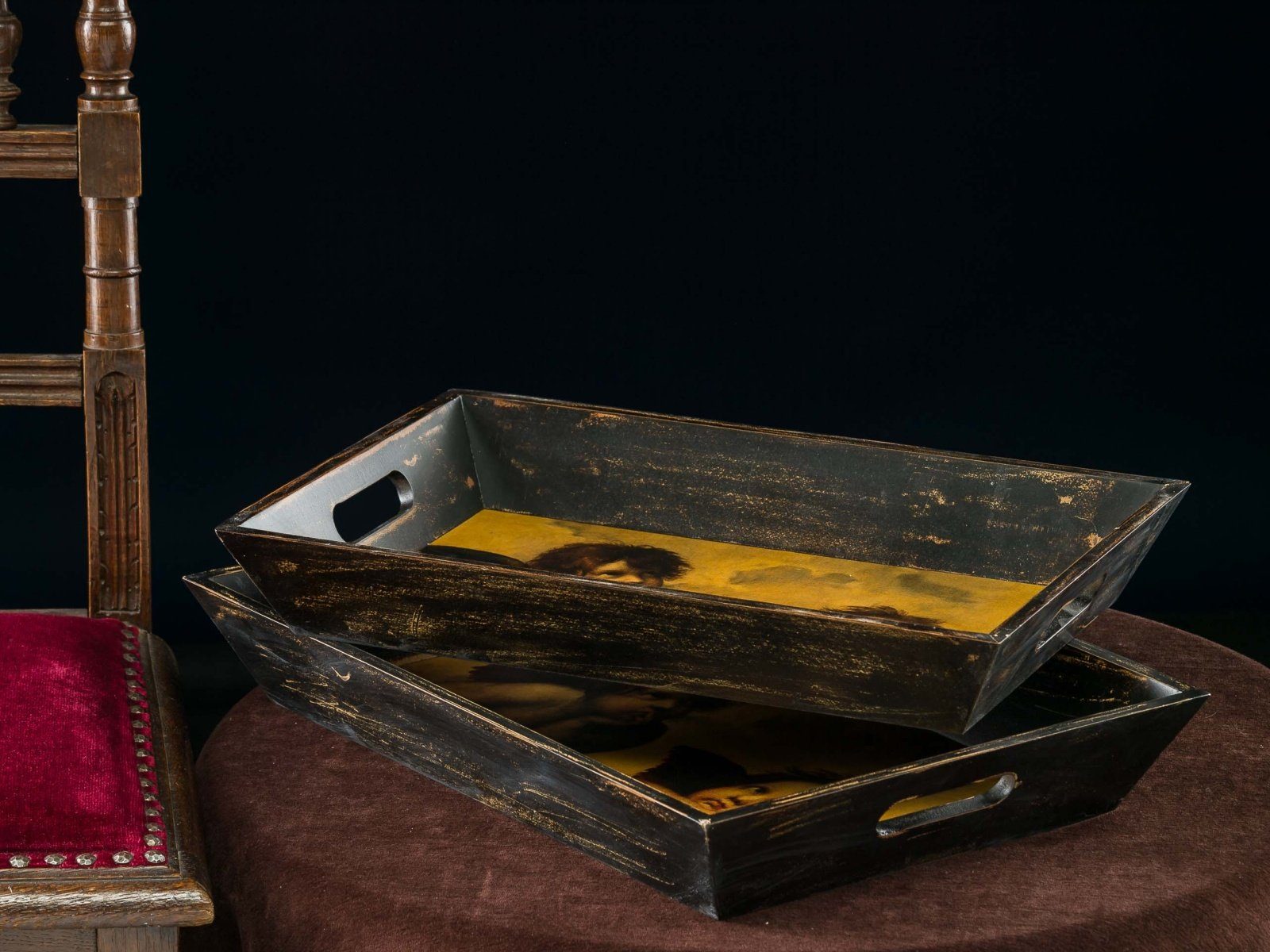 Raffael 2x Aubaho Holztablett aus Holz Antik-Stil Tablett Engel im Tablett nach