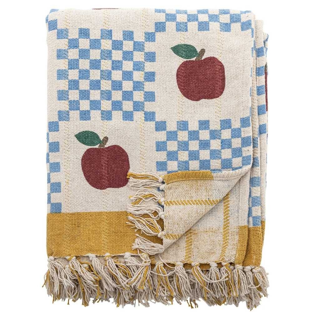 Wohndecke Bloomingville Decke GALA Blau Kariert mit Roten ÄPFELN 160x130 cm, Bloomingville
