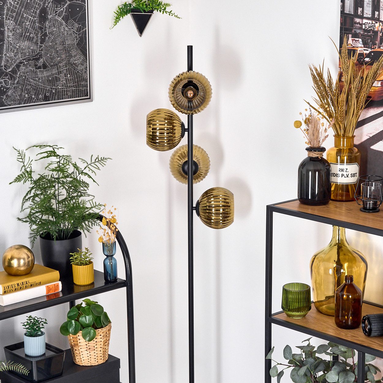 hofstein Stehlampe Stehlampe aus Metall/Riffelglas in Schwarz/Goldfarben, ohne Leuchtmittel, Stehleuchte Retro/Vintage, Ø Schirme 15 cm, Fußschalter, 160 cm, E14