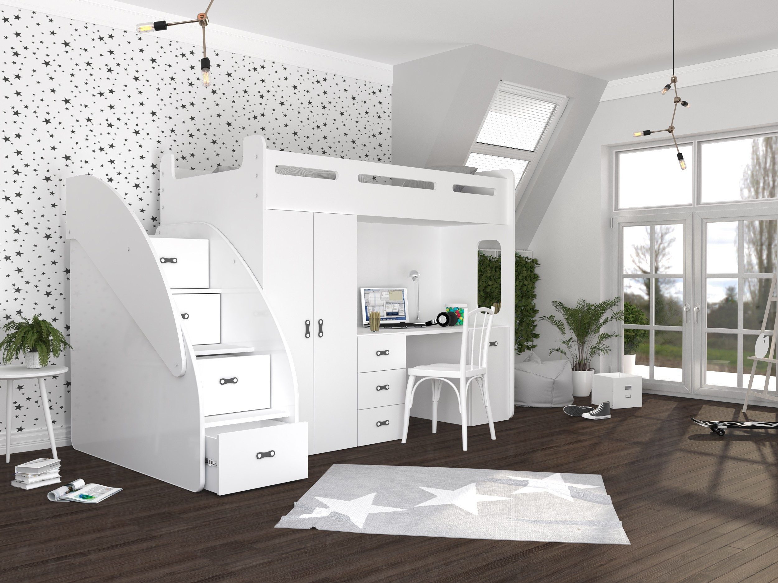 thematys Etagenbett 80x200cm mit Treppe, Schrank und Schreibtisch Hochglanz (für Jungen und Mädchen, Jugendbett, Kleiderschrank, Kinderzimmer, 3 in 1, 180cm x 1 – Bild 3 von 5