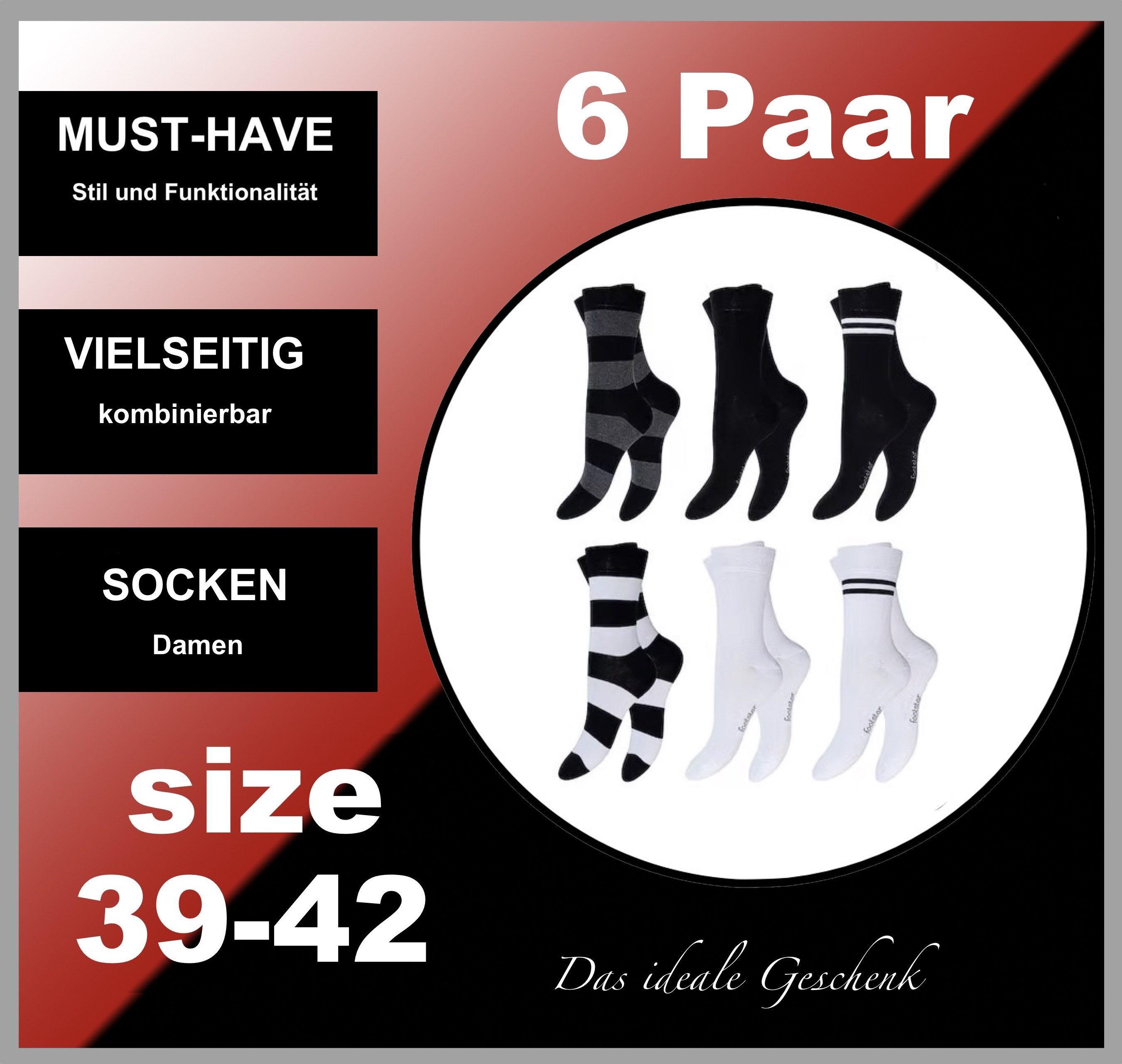 Cocain underwear Basicsocken 6 Paar Damen Socken Ringel Baumwollmischung atmungsaktiv 35/38-39/42 (6-Paar) ganzjährig - Elastischer Piquetrand