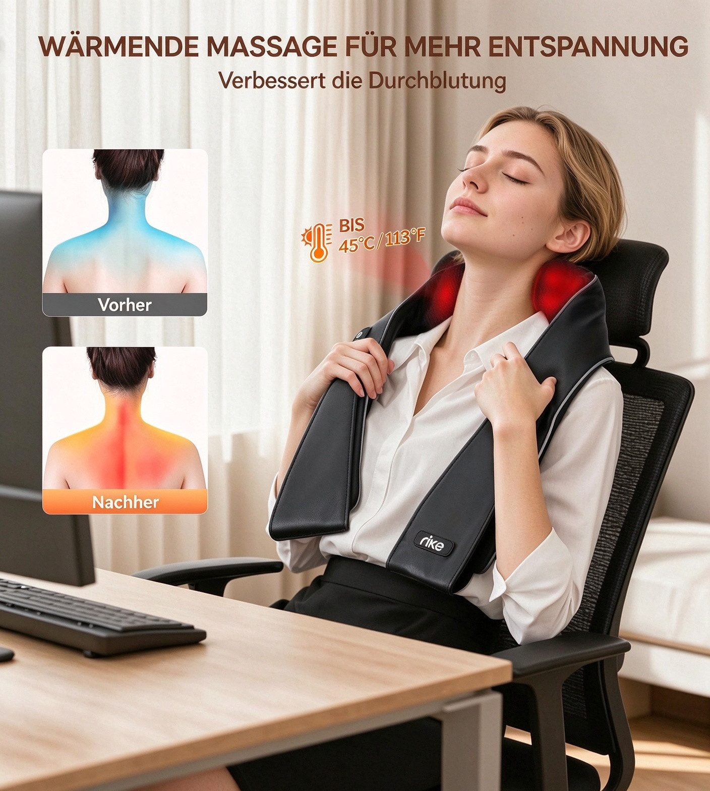 RIKE Shiatsu-Massagegerät Nackenmassagegerät mit Wärme, 3D Neck Massager Shiatsu Massagegerät, Shiatsu Nacken- und Schultermassagegerät, 8 Massageköpfe, bidirek – Bild 3 von 5
