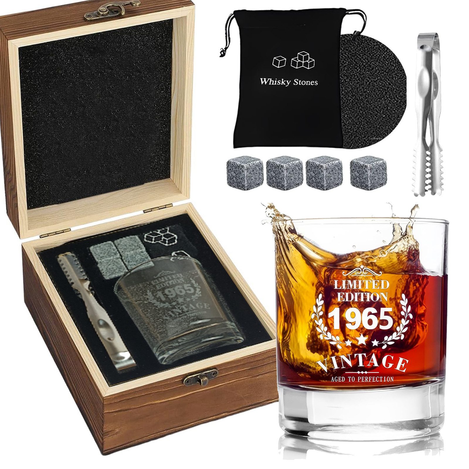 Cocktail-Set Holzsammlung Whisky Gläser Geschenkset, Vintage 1965 Whiskey Glas Set