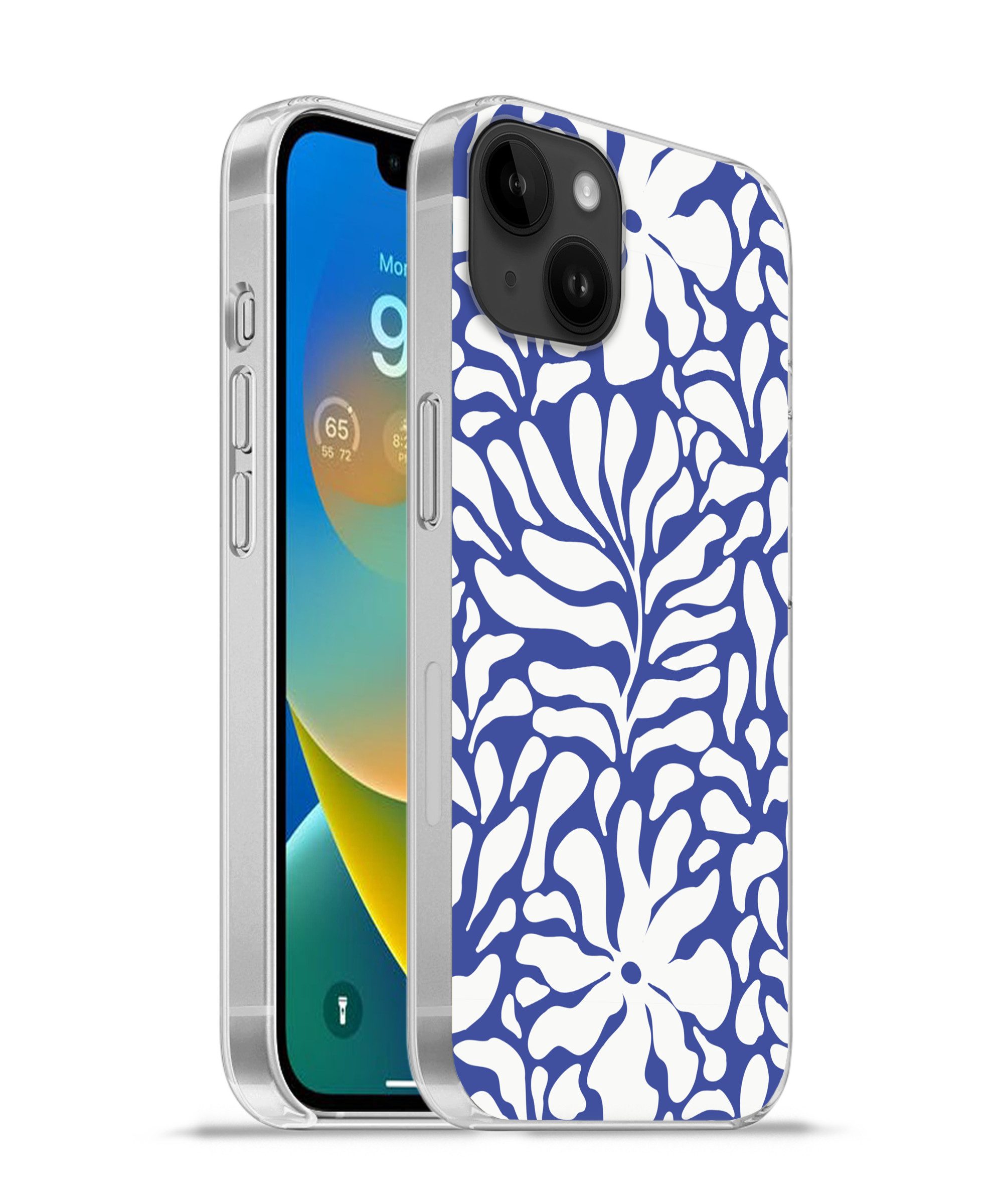 MuchoWow Handyhülle für Apple iPhone 14 Plus Blumenmuster - Blau - Weiß - Blätter, Smartphone-Bumper, Print, Handy Schutzhülle Dünn