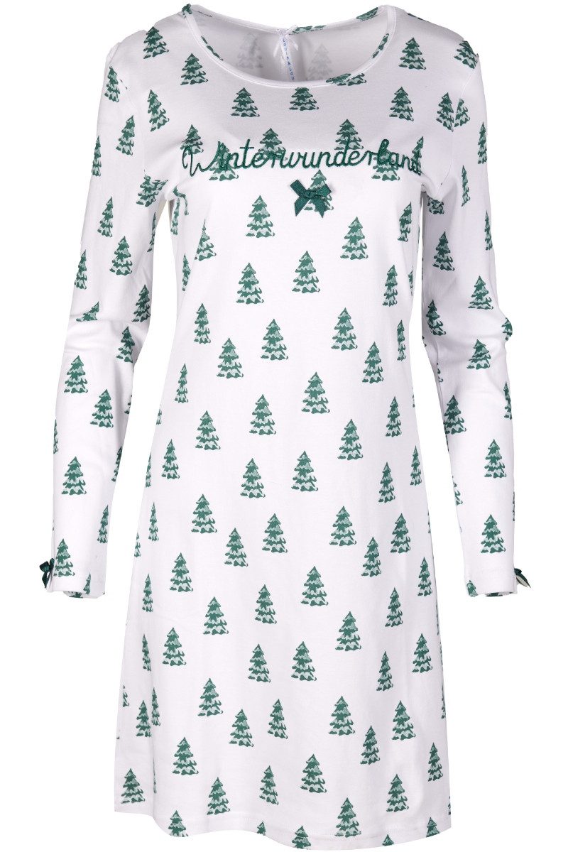Louis & Louisa Schlafanzug Sleepshirt Damen - WINTERWUNDERLAND - weiß/tannengrün