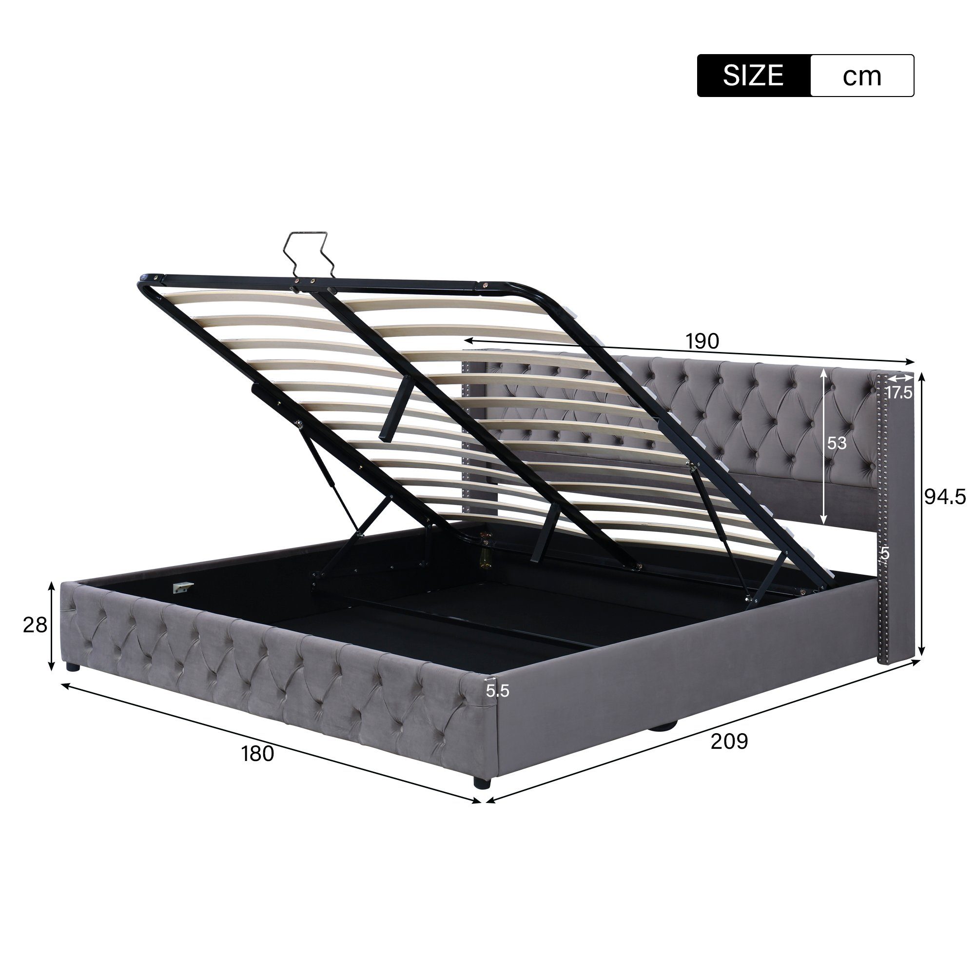 Boxspringbett, Hydraulisches Polsterbett Doppelbett mit Bettkasten und Lattenrost, 180 x 200 cm Funktionsbett, Grau Samtbezug, Gepolstertes Kopfteil, ohne Matratze