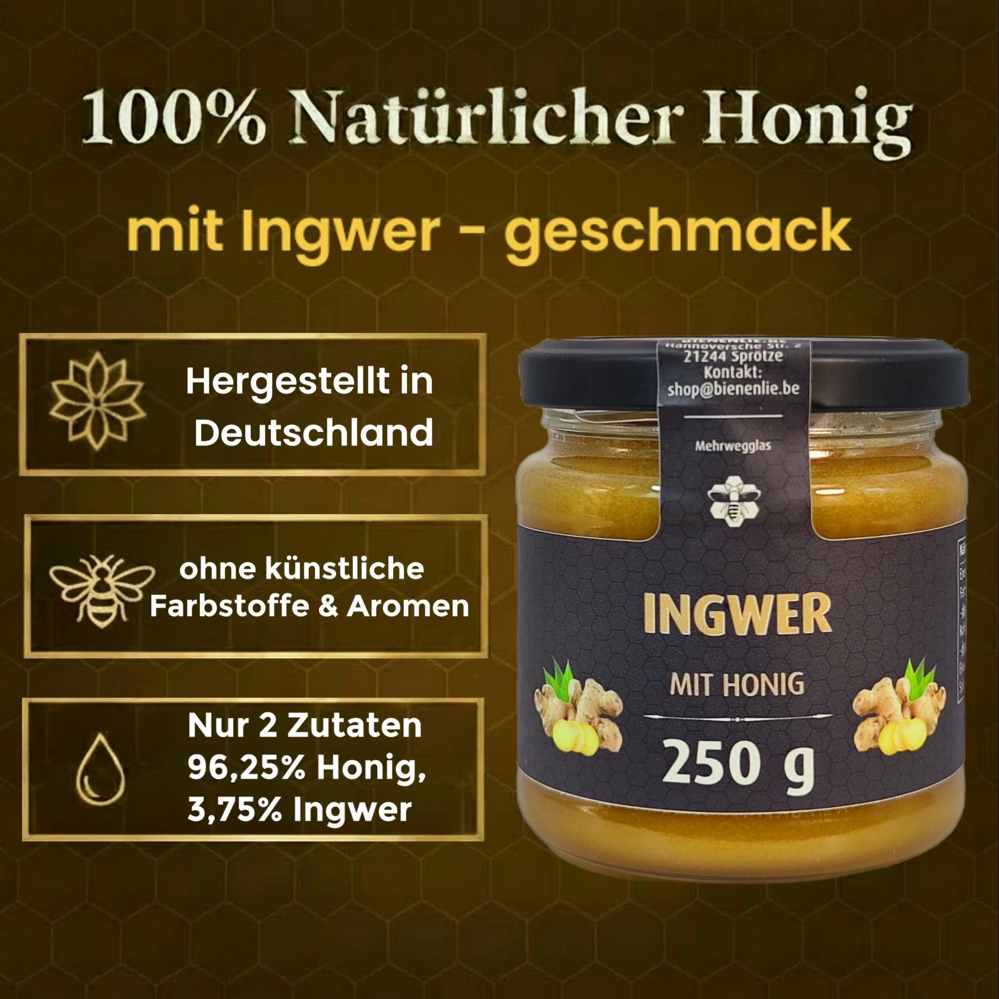Imkerei BienenLie.be Honig Ingwer mit Honig - würzig & leicht scharf, 250g, 1 x 250 g, 1 St.