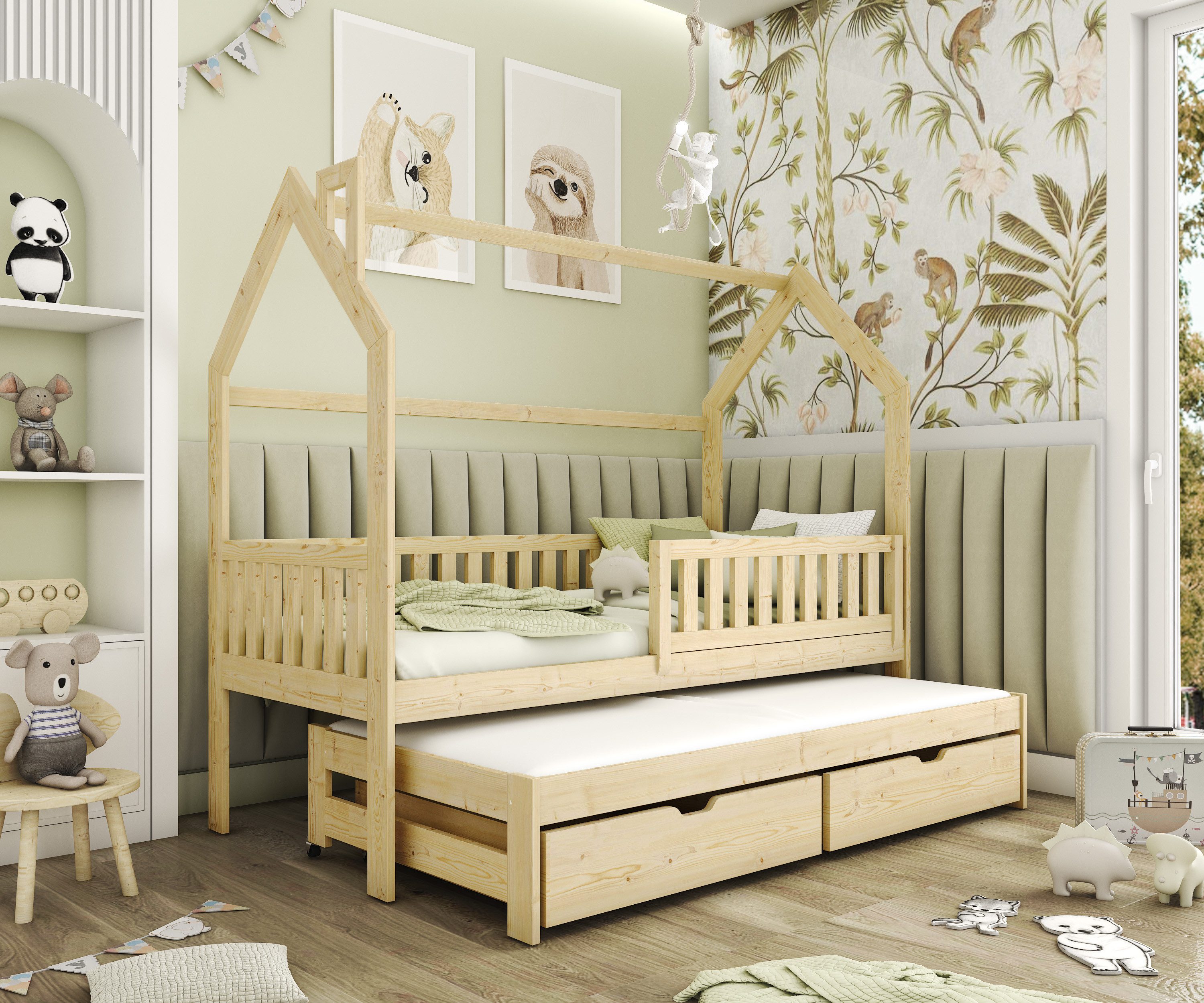 thematys Kinderbett Hausbett mit Ausziehbett und 2 Schubladen weiß / Natur günstig online kaufen