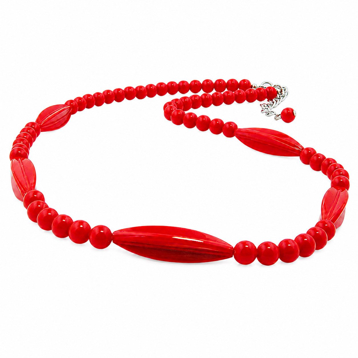 unbespielt Collier Perlenkette Rillenolive und Perle Kunststoff rot 50 cm, Modeschmuck für Damen