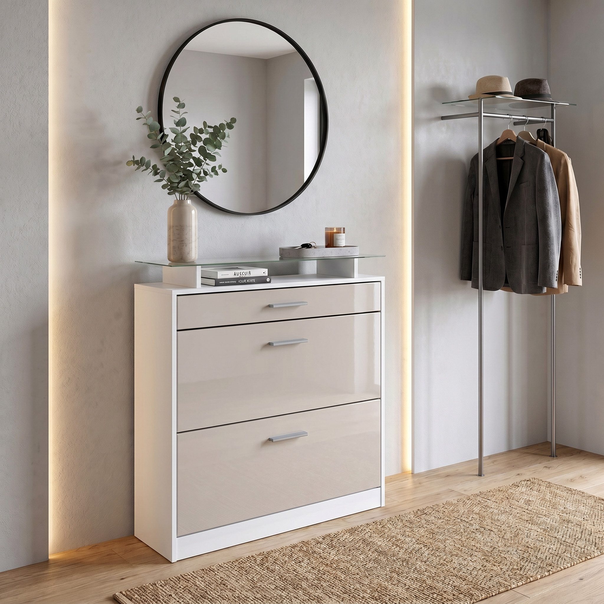 Vladon Schuhschrank Loret (hängender Schuhkipper für 16 Paar Schuhe, mit 2 Klappen und 1 Schublade und Glasablage) Weiß matt/Sandgrau Hochglanz (89 x 104 x 23 cm)