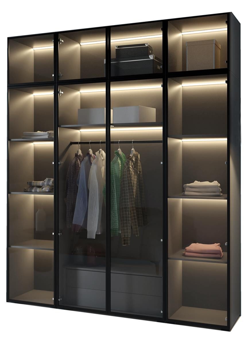 Compleo Drehtürenschrank mit Glasfront, Pefekt Garderobe, LED-Beleuchtung STELLS Kleiderschrank mit Aufsatz und Schubladen