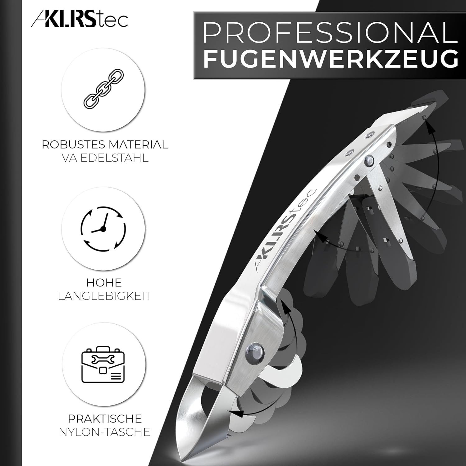 KLRStec Fugenkratzer Fugenglätter Werkzeug [100% Edelstahl] Robustes 4 in 1, (Fugenkratzer & Abzieher Multitool inkl. praktischer Tasche mit Gürtelclip, 4-tlg., Profi Werkzeug-Set zum erneuern von Silikonfugen)