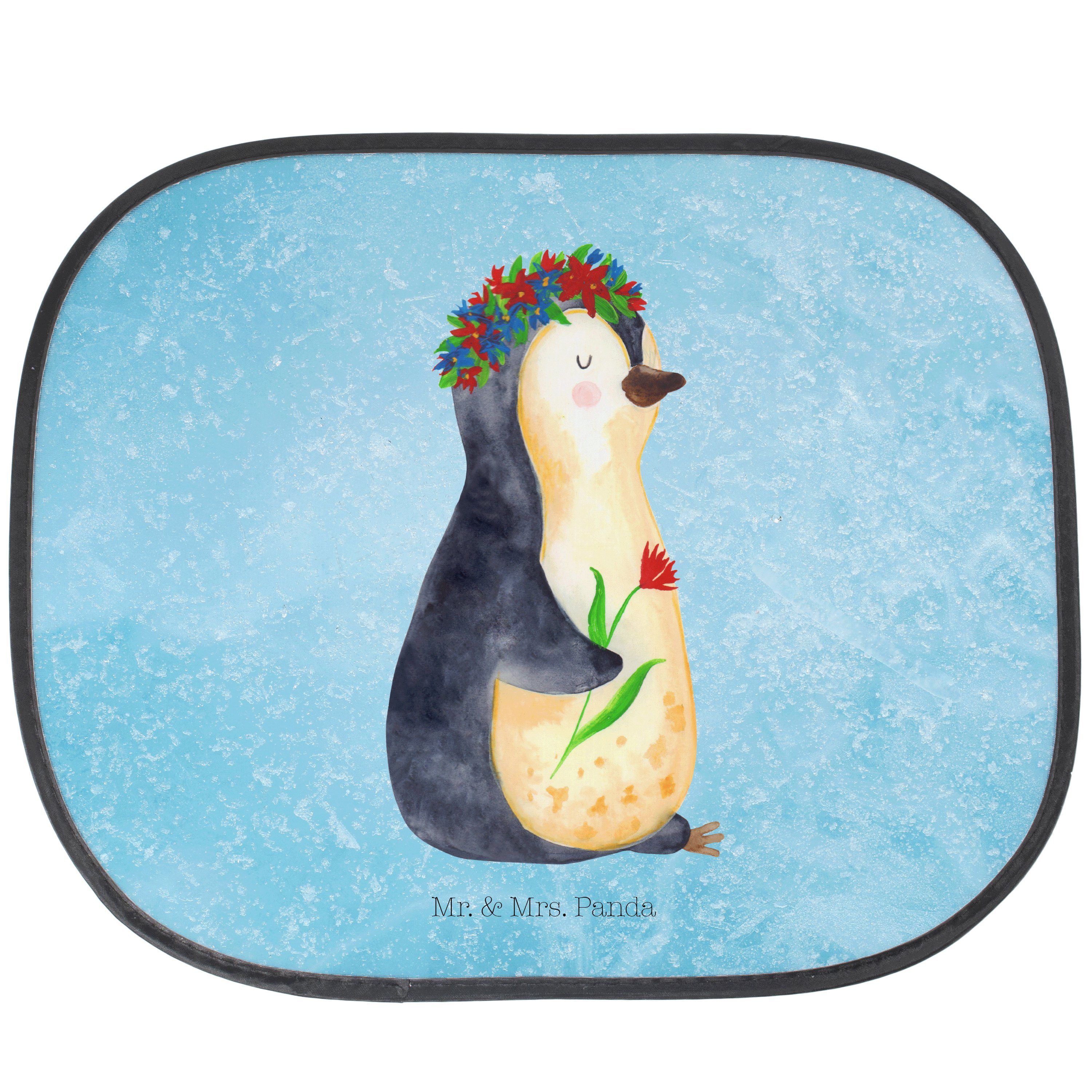 Sonnenschutz Pinguin Blumenkranz - Eisblau - Geschenk, Sonnenschutzfolie, Sonnensc, Mr. & Mrs. Panda, Seidenmatt | Fensterfolien