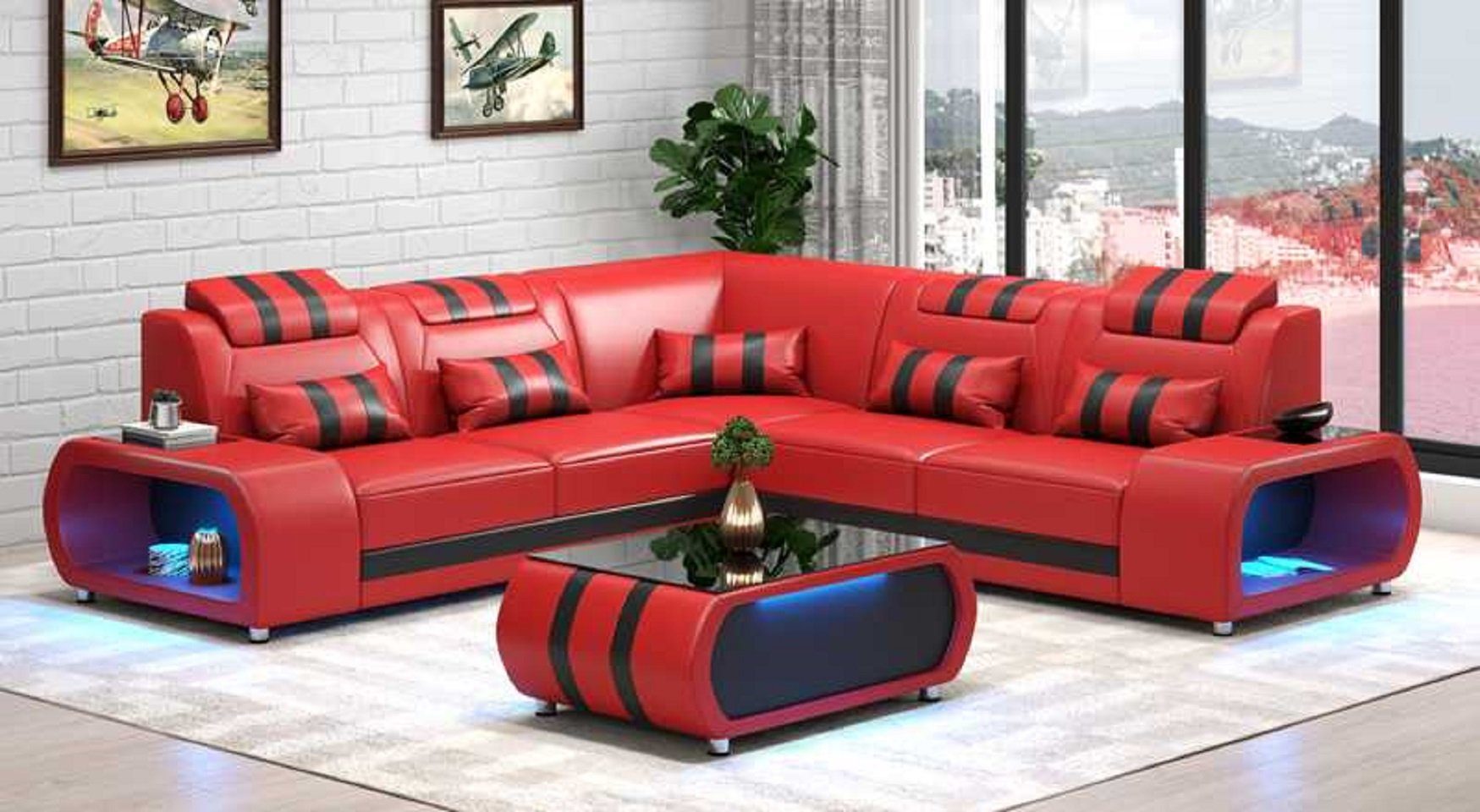 Form Europe Teile, 3 Moderne Ecksofa Rot Ecksofa Made L JVmoebel Luxus in Eckgarnitur Couch Sofa LED,