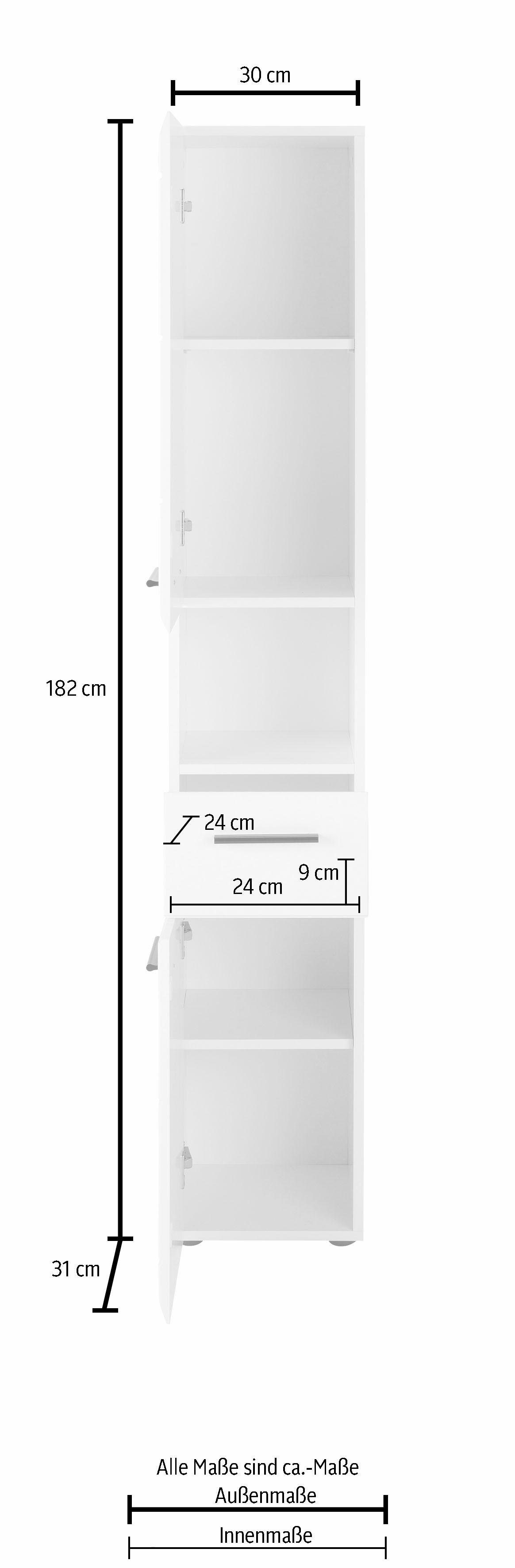 trendteam Hochschrank Skin Höhe 182 cm, Hochglanz- Badezimmerschrank oder Weiß Hochglanz | in Holzoptik Weiß/Weiß