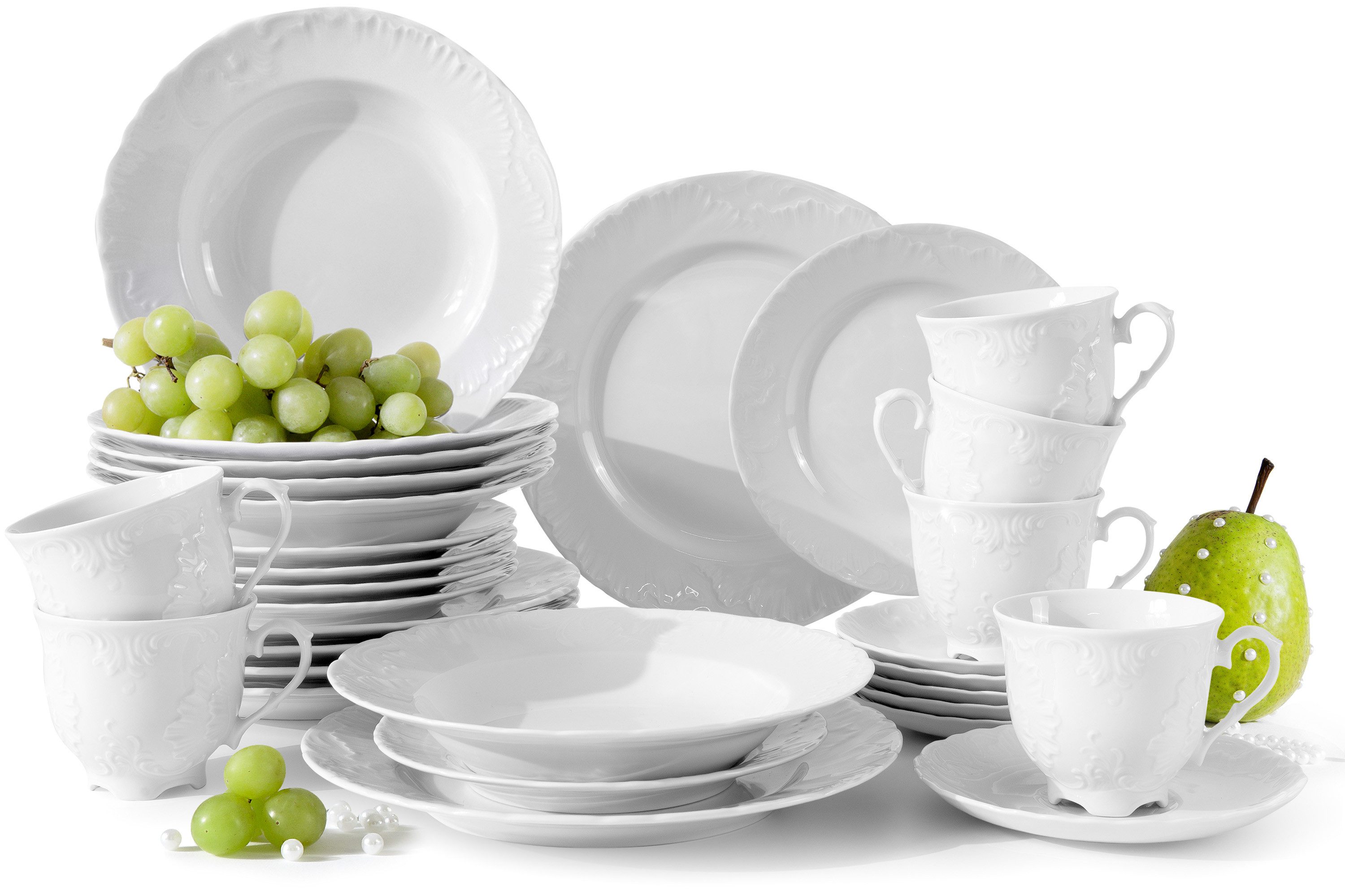 KONSIMO® Kombiservice CMIELOW ROCOCO Kaffeeservice, Hochwertiges Premium-Porzellan (30-tlg), 6 Personen, Porzellan, spülmaschinengeeignet, mikrowellengeeignet, mit eleganten Verzierungen