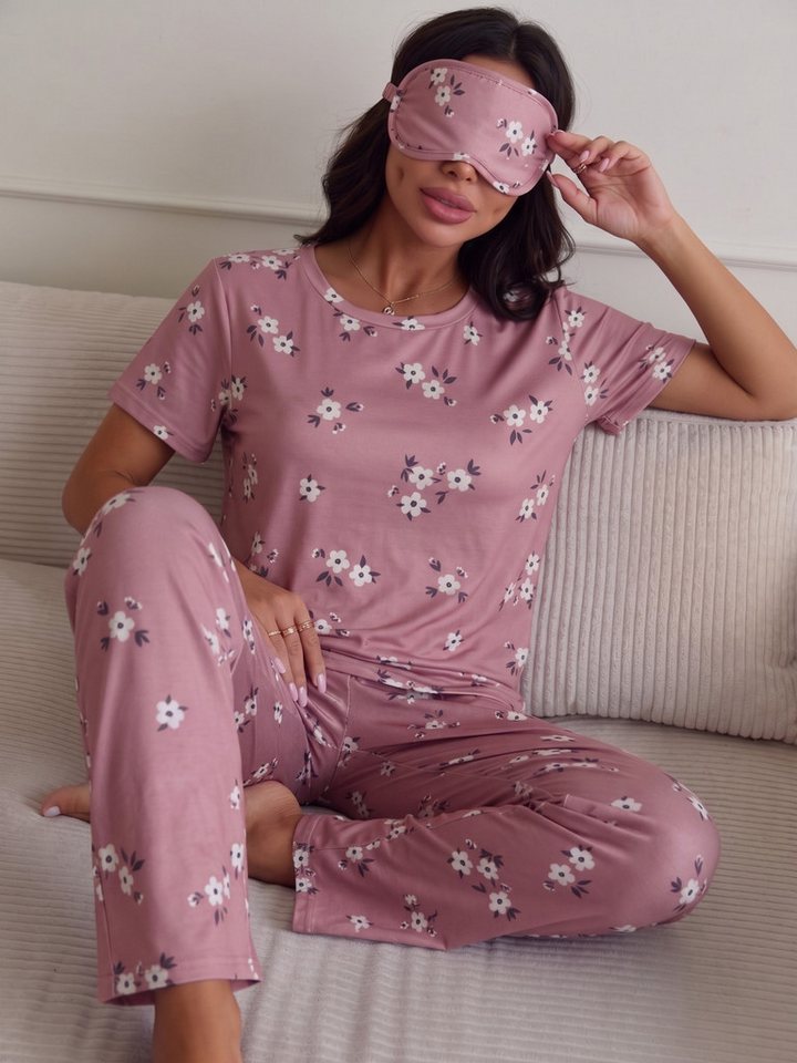 Elegant Love Pyjama Damen-Schlafanzug-Set mit Blumenmuster – Bequeme Nachtwäsche (Set, 3 tlg., mit T-Shirt, langer Hose & Schlafmaske) Stilvolle Loungewear & besondere Homewear für alle Jahreszeiten