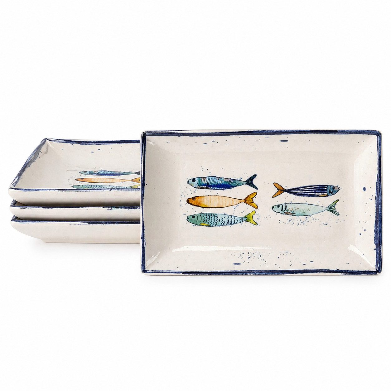 WestCraft Speiseteller Teller, mediterran mit Sardinen-Motiv, Maritime Servierplatte 25×15cm, (4 St), 2er Set, hochwertig und robust - langlebig und vielseitig einsetzbar