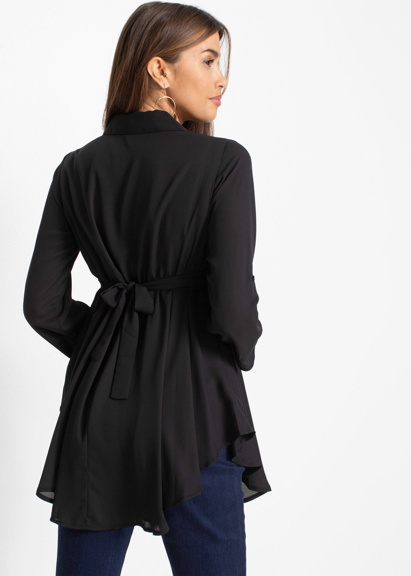 bonprix Longbluse (mit Gürtel) ausgestellte Passform, mit Hemdblusenkragen, unifarben