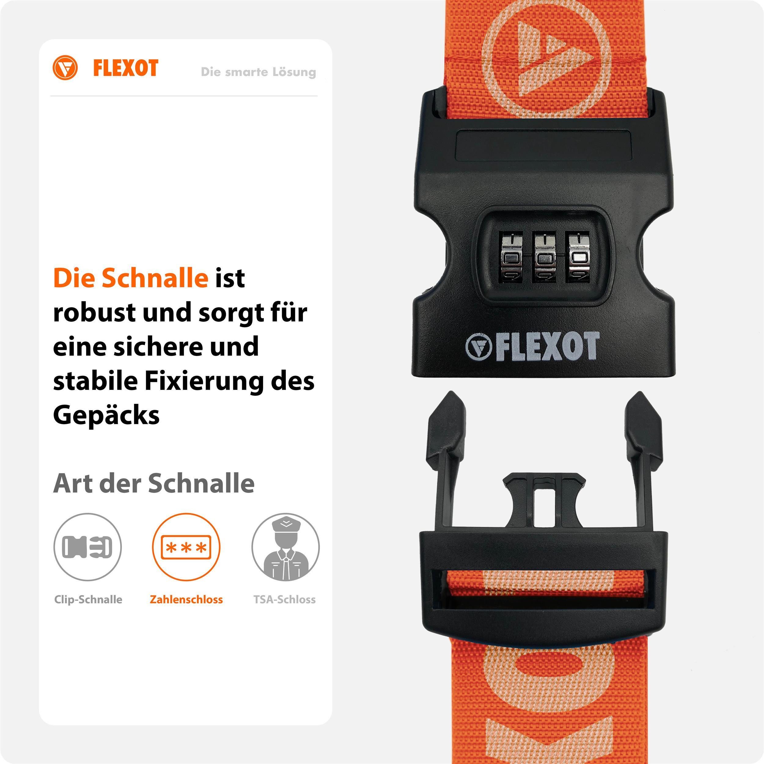 Flexot Koffergurt Koffergurt mit Zahlenschloss, verstellbare Länge, Namensschild, Flexibel anpassbarer und stabiler Gurt mit praktischer Schnalle