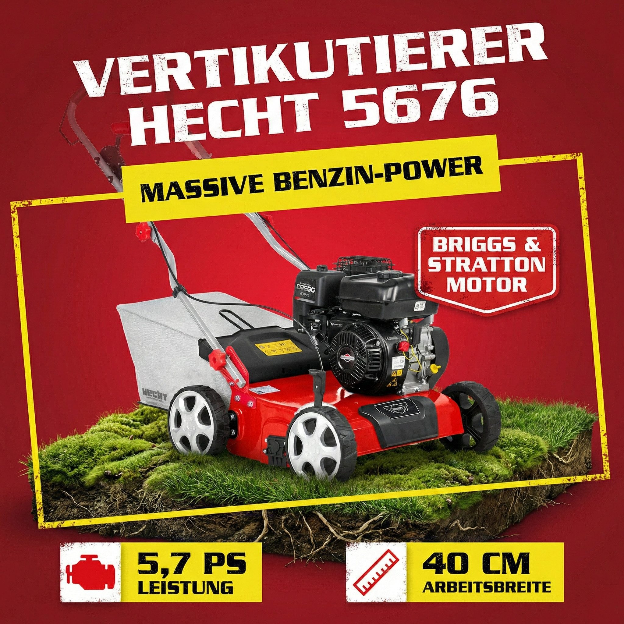 Hecht Benzin-Vertikutierer / Lüfter Rasenlüfter 5676, 2in1 4,2 kW / 5,7 PS Briggs & Stratton, 40 cm Arbeitsbreite, mit Montagewerkzeug, 18 Messer, 24 Federkrallen, 45 Liter Fangkorb