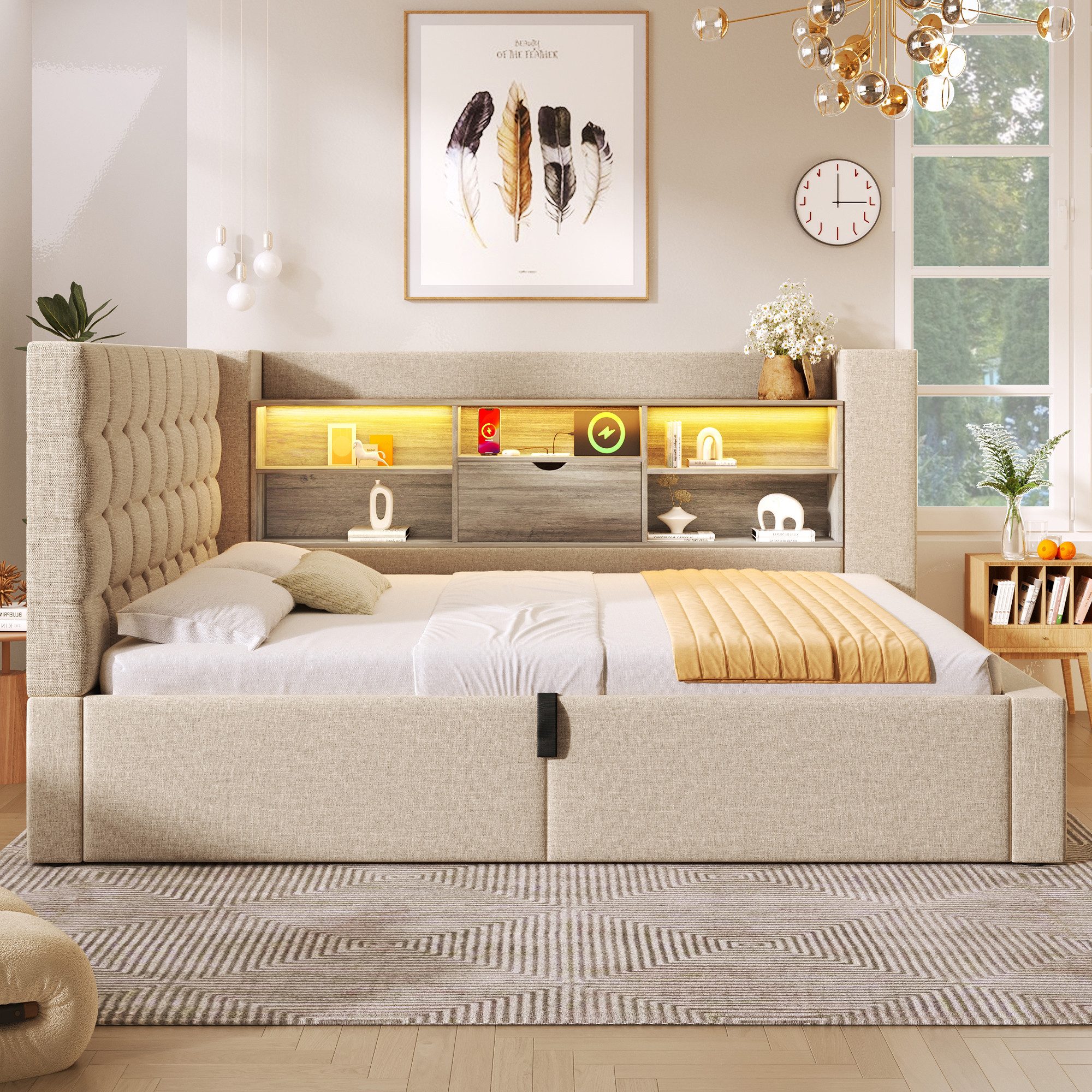 OKWISH Polsterbett Polsterbett 90x200 cm aus Leinen mit Stauraum und LED-Be günstig online kaufen