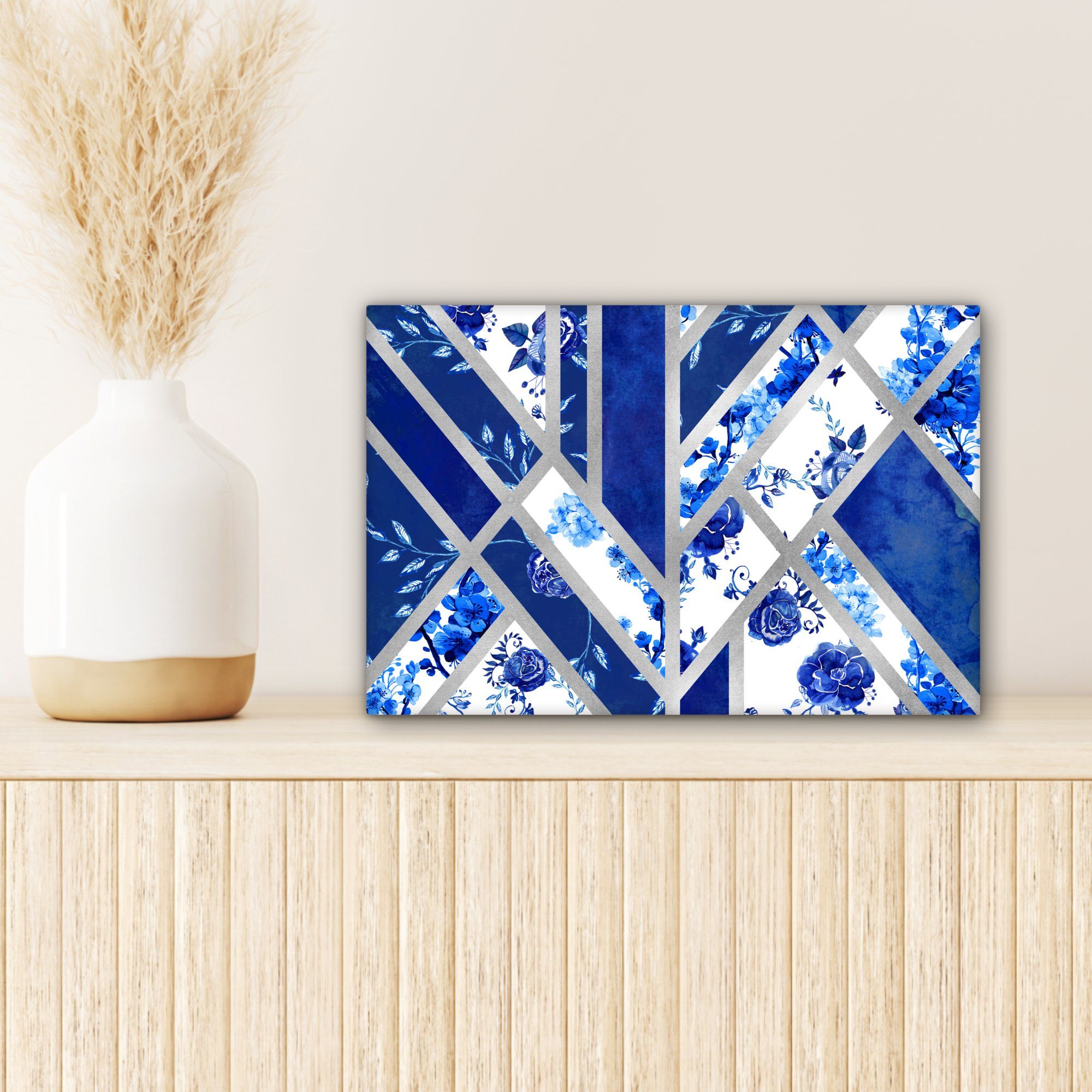 Luxus, Leinwandbild Delfter Blau Wanddeko, OneMillionCanvasses® Wandbild - Leinwandbilder, St), - cm Design Aufhängefertig, (1 30x20