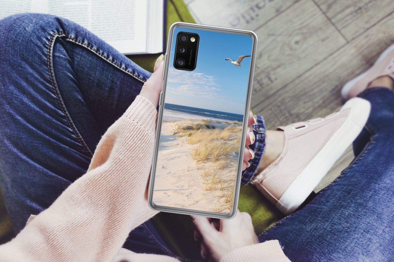 MuchoWow Handyhülle für Samsung Galaxy A41 Düne - Möwe - Strand - Meer - Sonne, Smartphone-Bumper, Print, Handy Schutzhülle Dünn