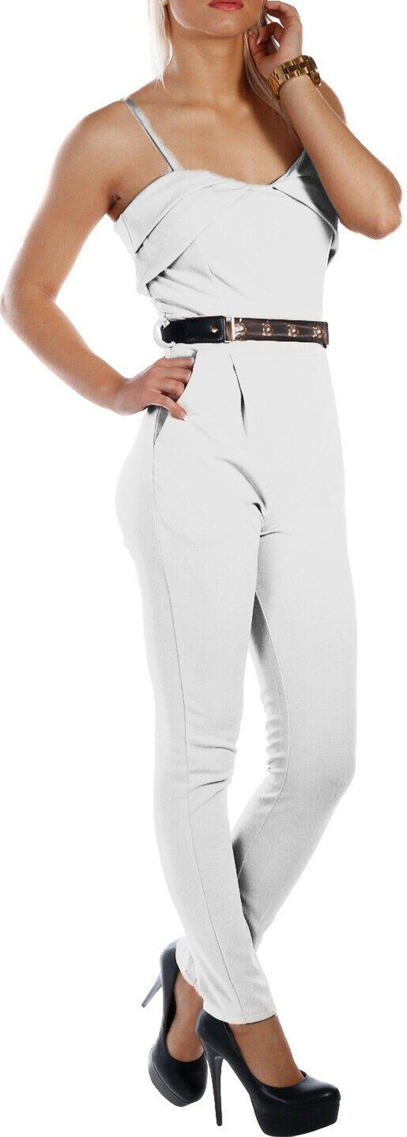 Charis Moda Jumpsuit Overall lang verstellbaren unifarben Spaghettiträgern Weiß mit