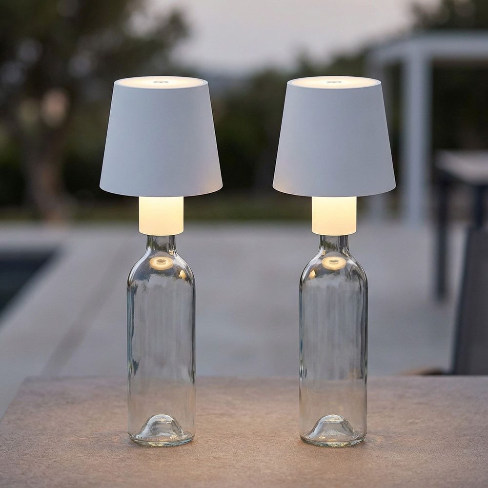 GLOBO LIGHTING Außen-Tischleuchte, LED-Leuchtmittel fest verbaut, Warmweiß, 2x Tischlampe Außen Innen Flaschenlampe weiß LED Gartenlampe Touch