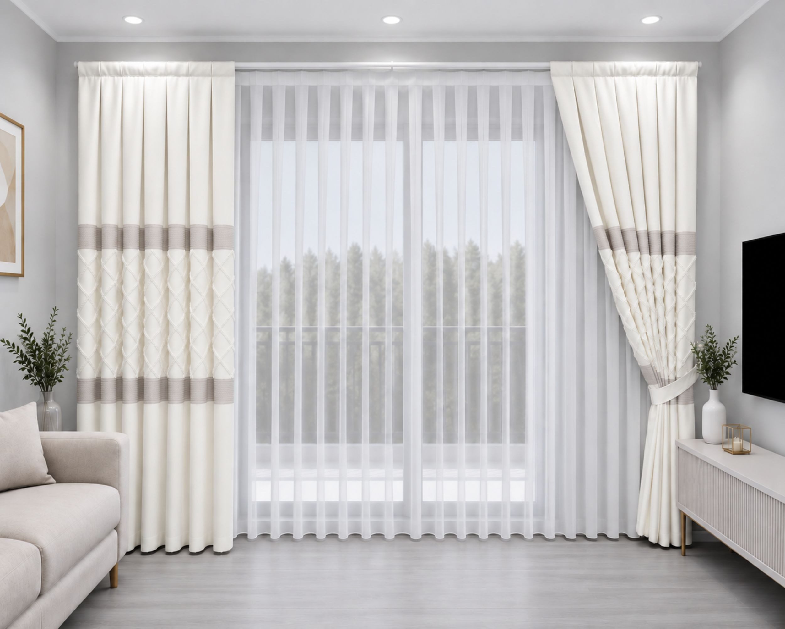 Gardinen by Justyna Gardine Vorhang Creme Weiß Falten Fon Gardine Komplett Set (5 St), Kräuselband, halbtransparent, Fertiggardine,Hochwertiggardine,Turkischegardine,Perde,Pileli